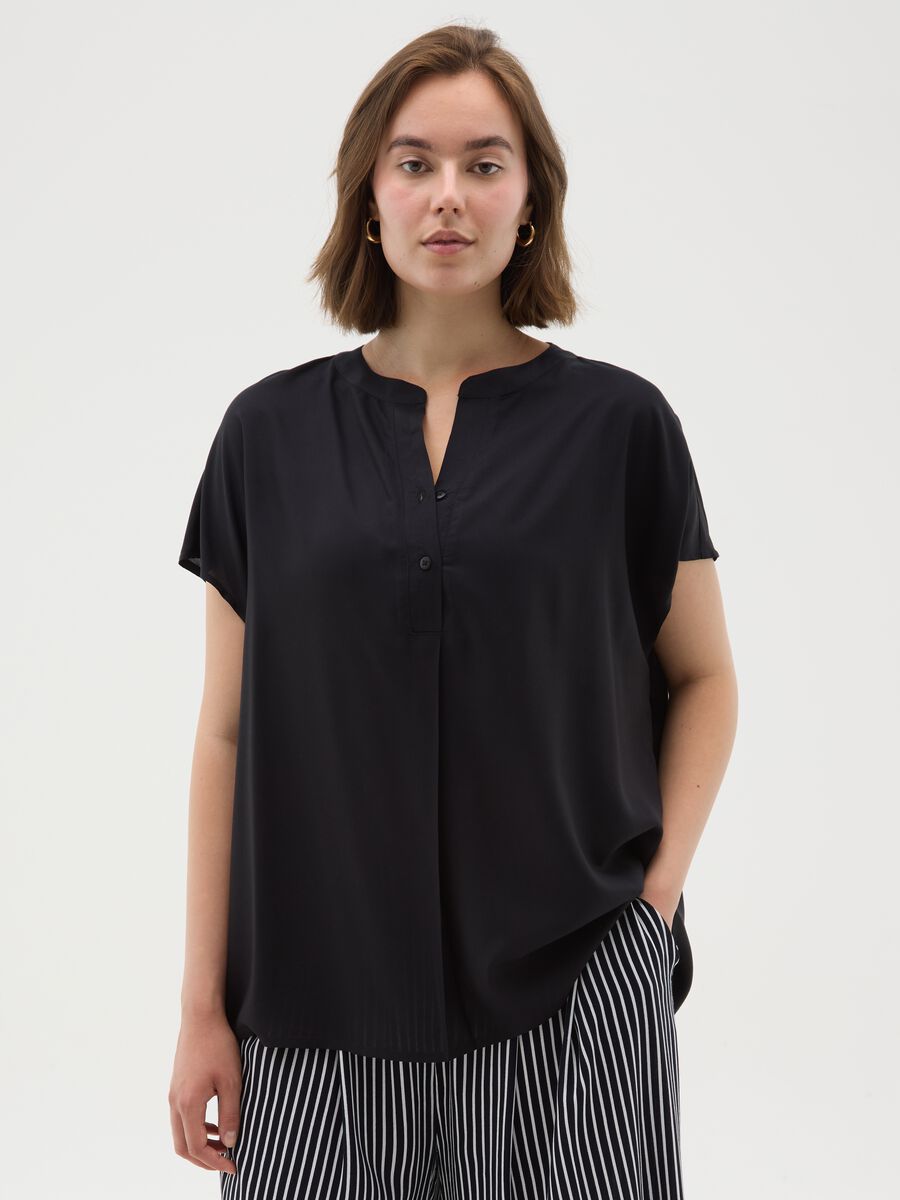 Women's Short Sleeve Black Pure Viscose Shirt, Regular Fit_0
