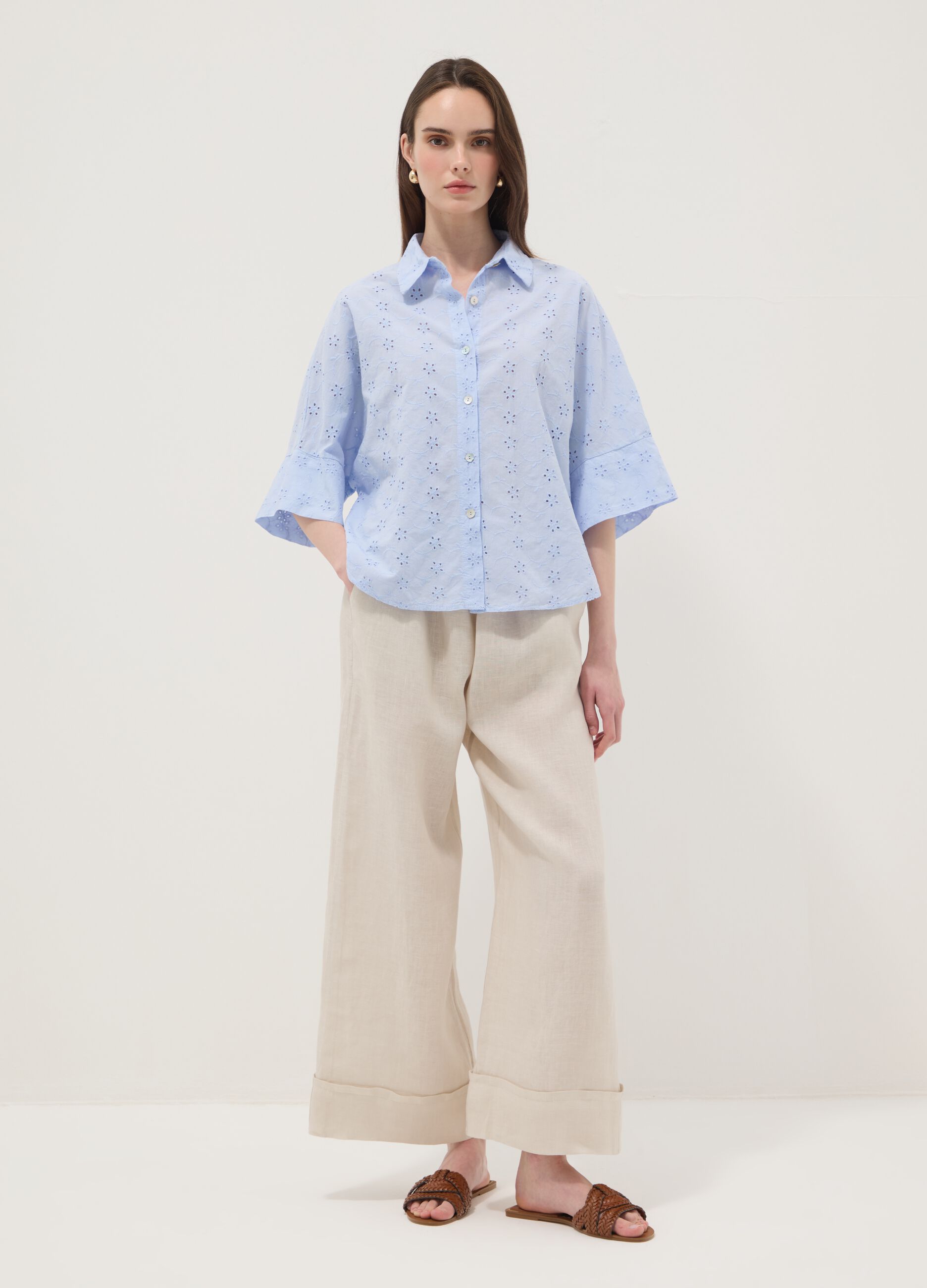 Beige pure linen regular-fit trousers