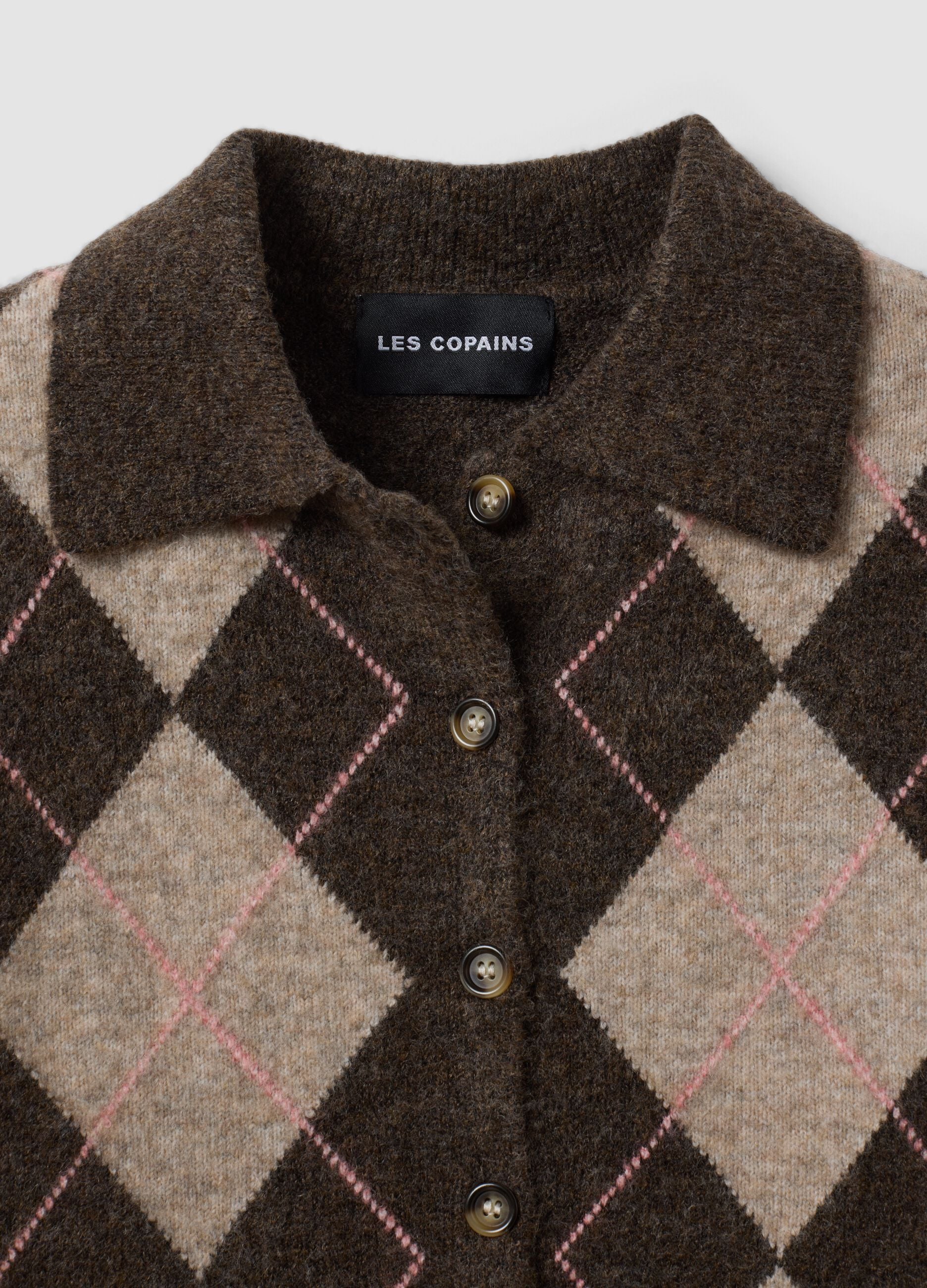 Cardigan marrone in lana elasticizzata con collo polo regular fit
