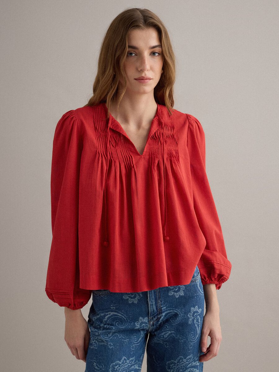 Red short-sleeved shirt in pure cotton_1