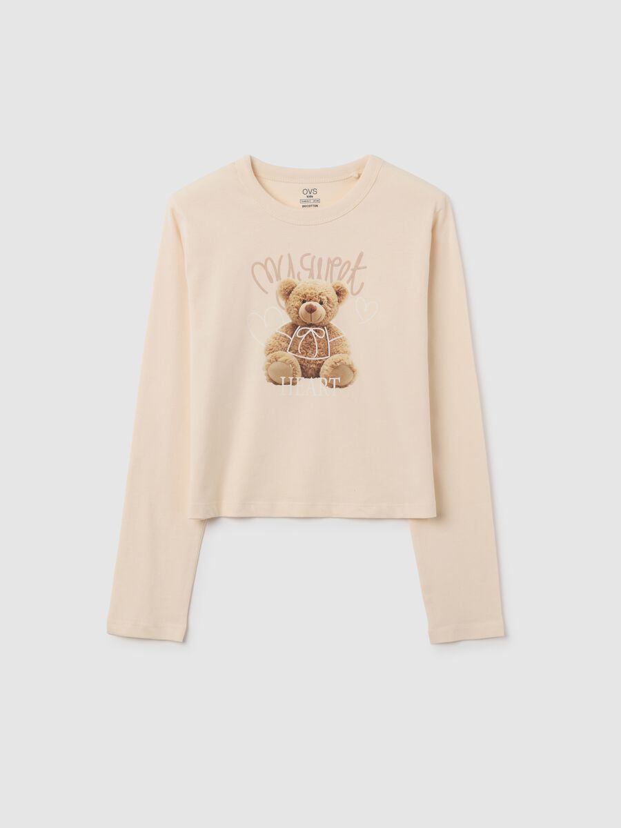 Maglietta da ragazza in puro cotone beige con stampa_0
