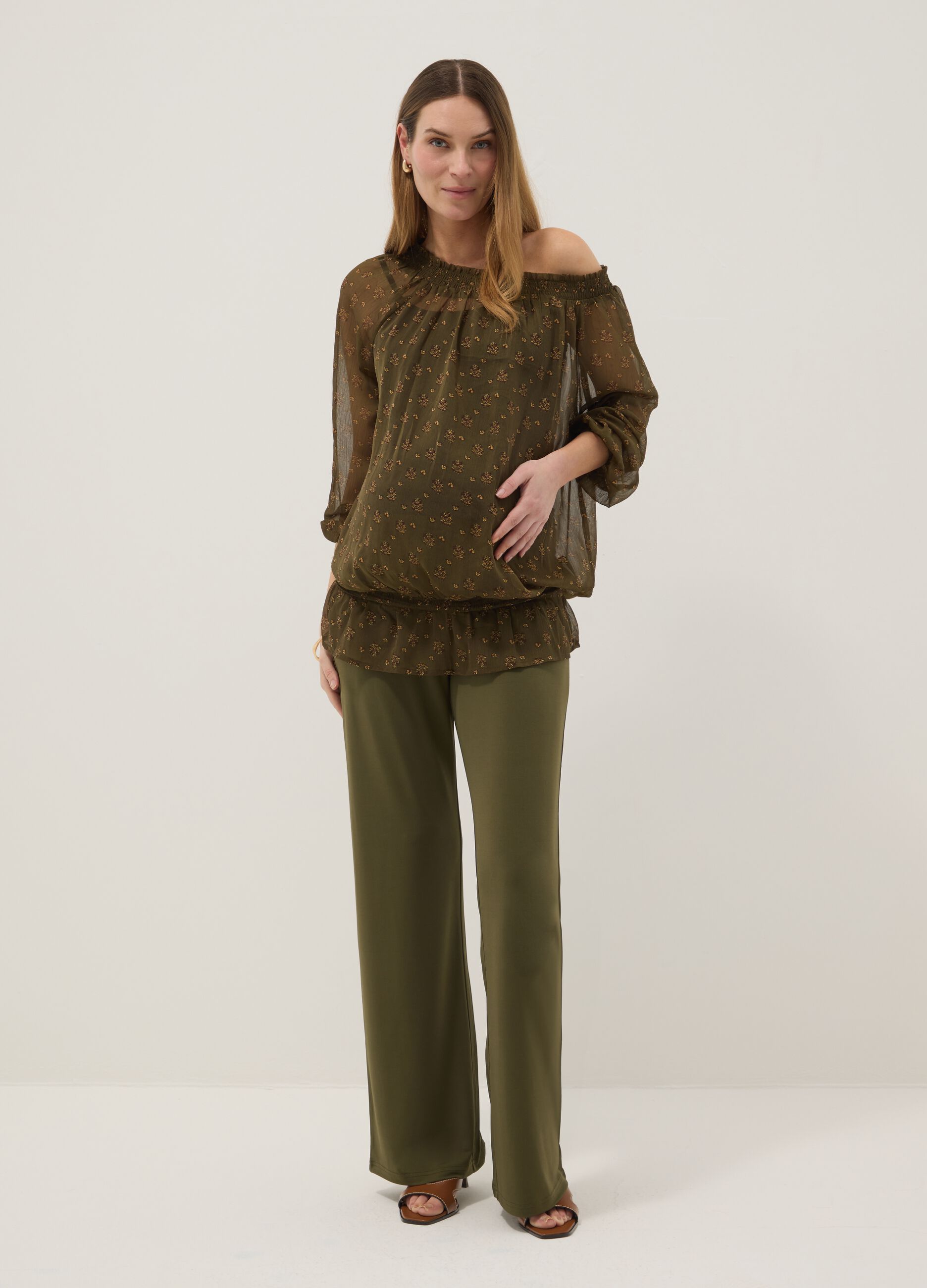 Blusa premaman verde con scollo a barchetta e stampa fantasia