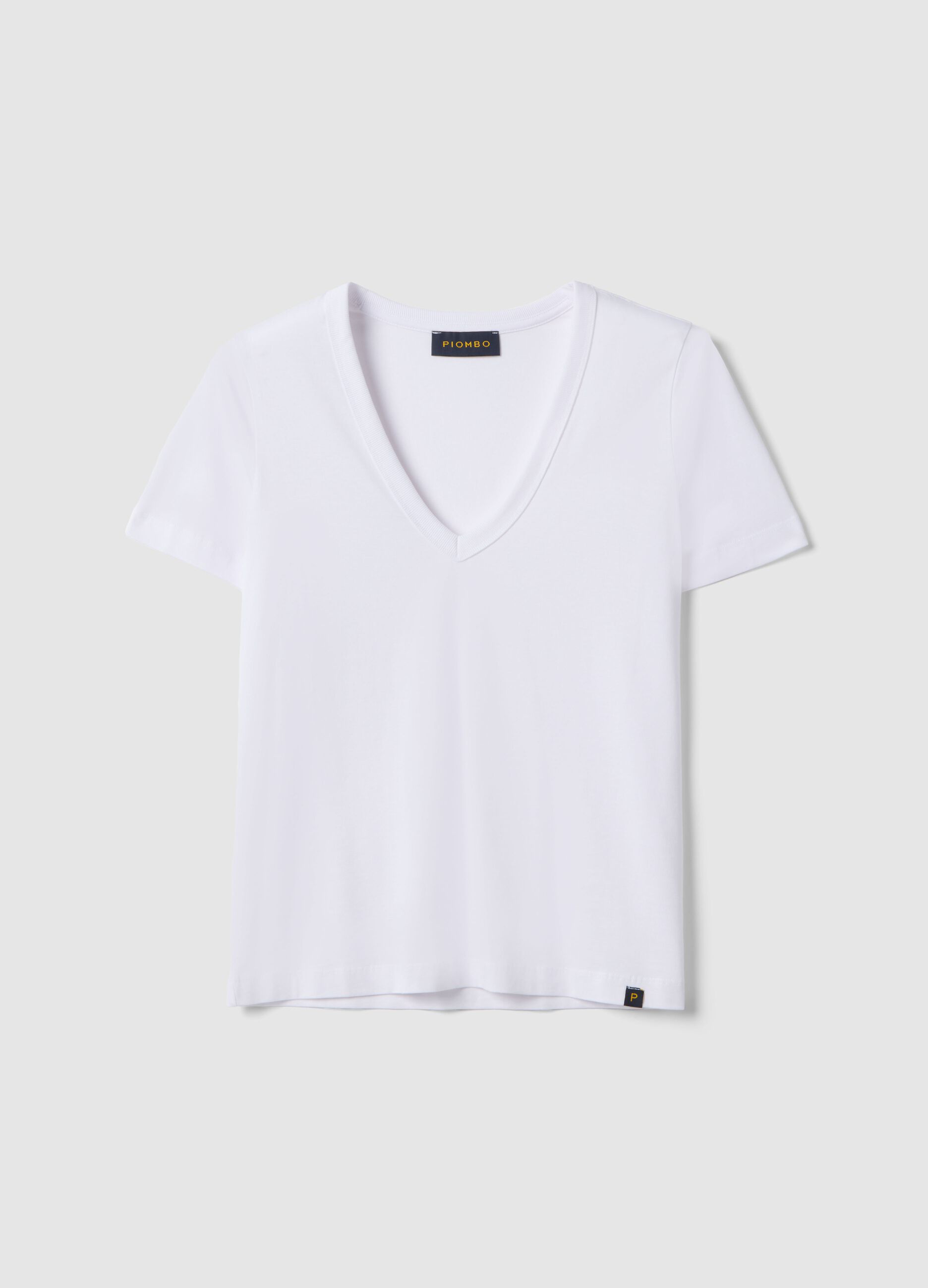 White pure cotton T-shirt regular fit deep V