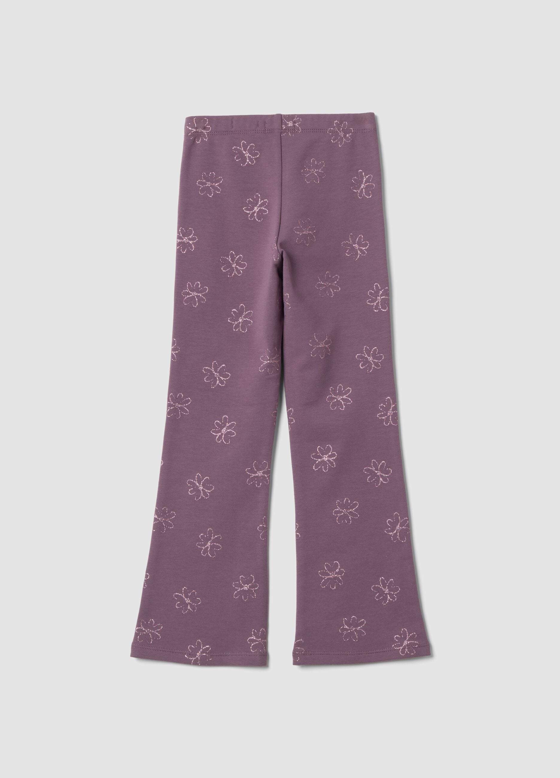 Leggings viola in cotone organico elasticizzato a fiori skinny fit