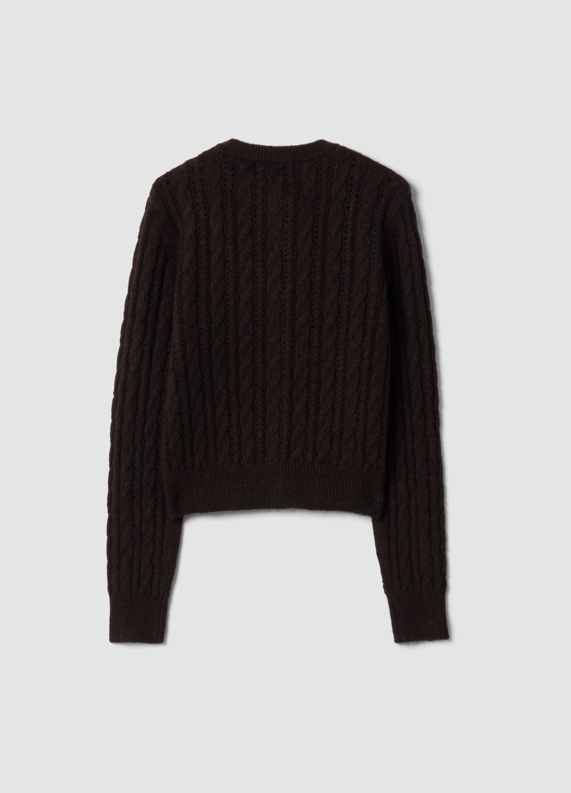 Brown cable-knit wool-blend cardigan
