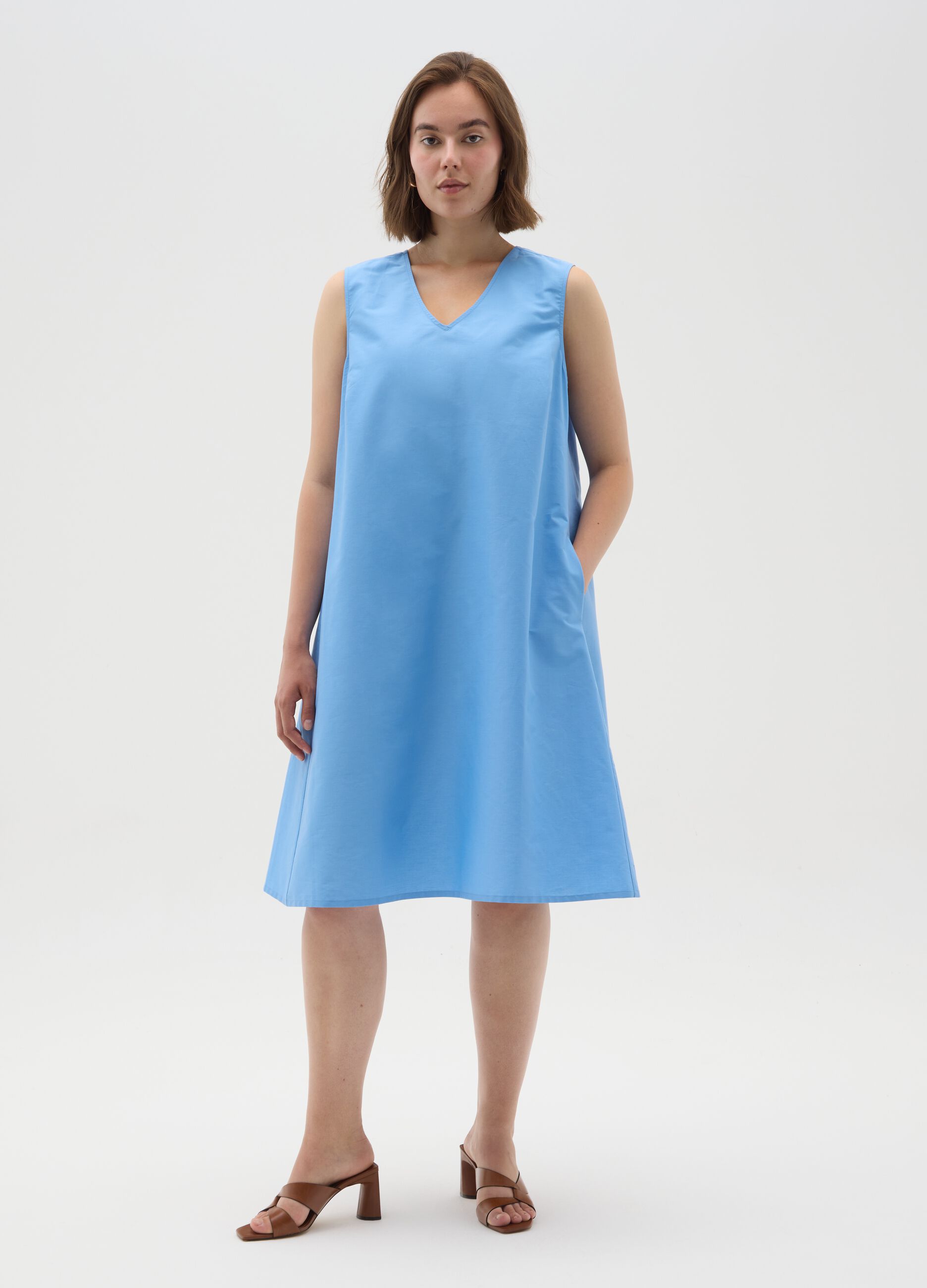 Women's sleeveless dress in pure blue cotton regular fit