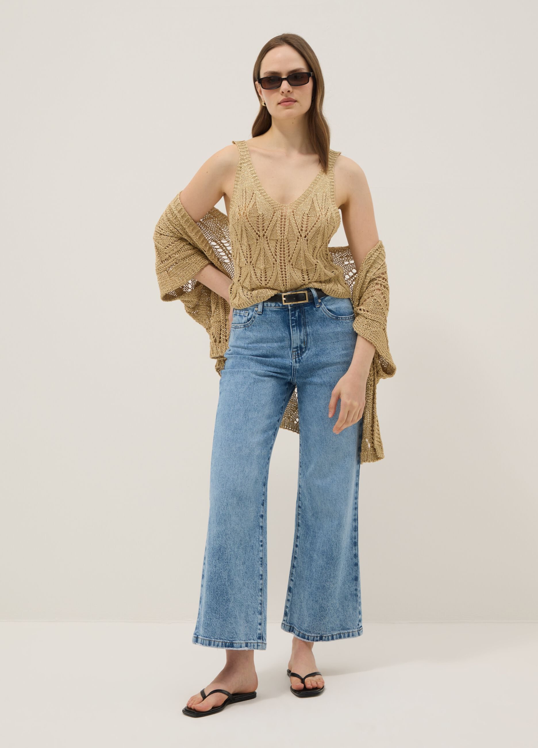 Beige open-knit viscose-blend top, regular fit