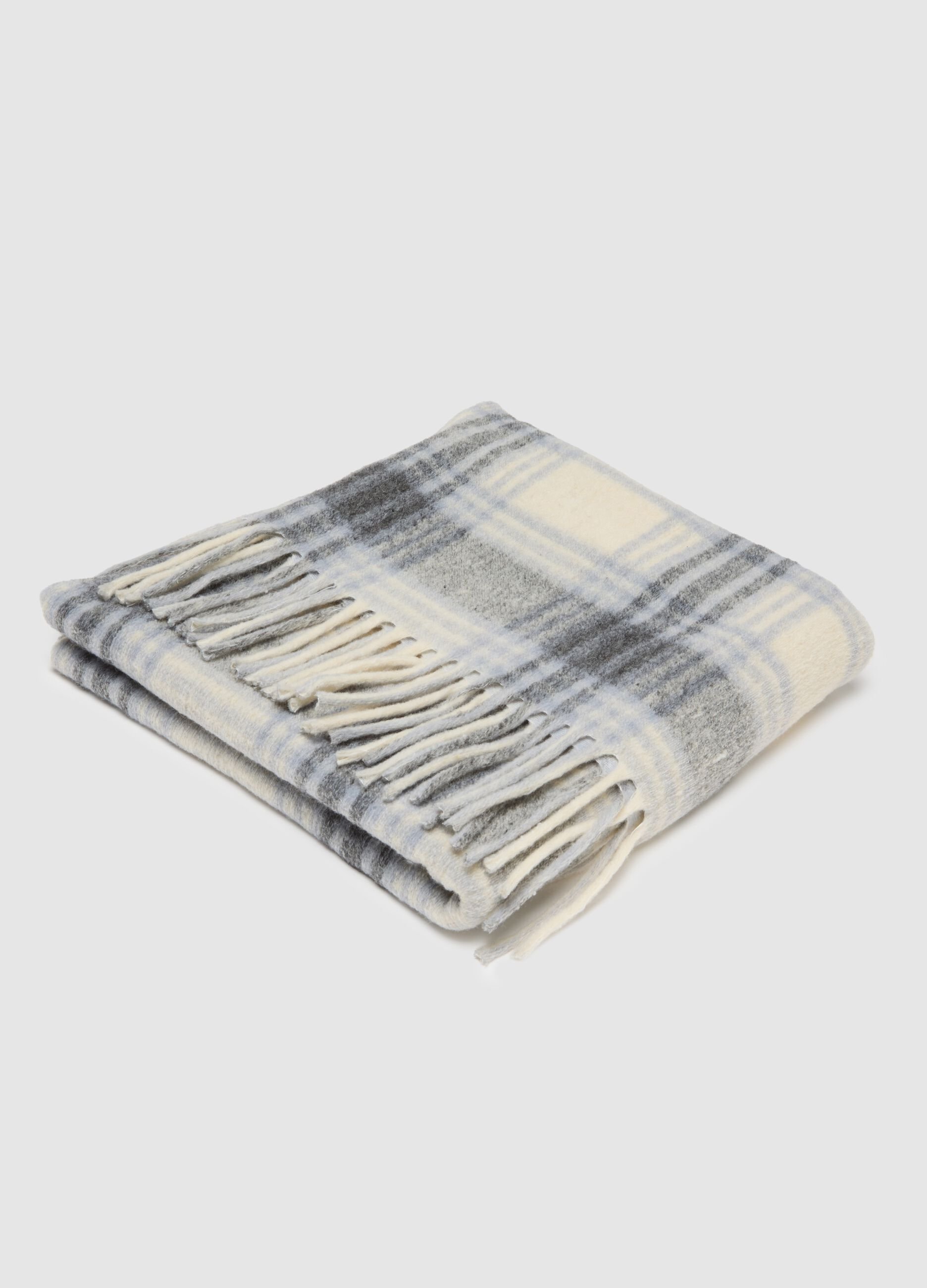 Multicolour Checked Wool Blend Throw with Fringes