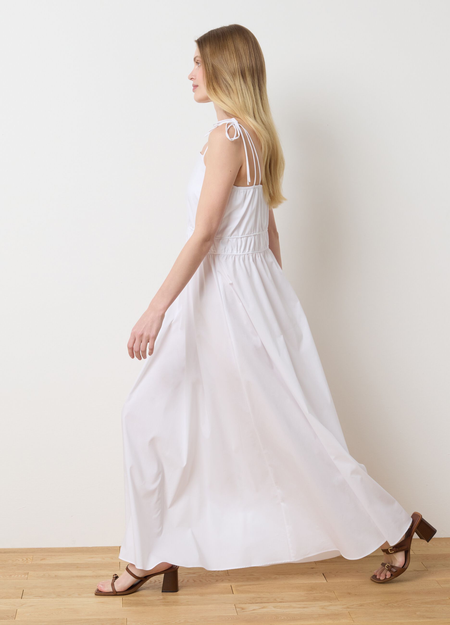 Women's long white cotton blend dress with regular fit and details