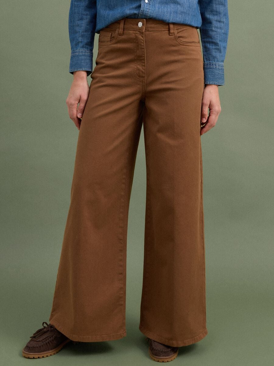 Pantaloni marroni in cotone elasticizzato wide leg_1