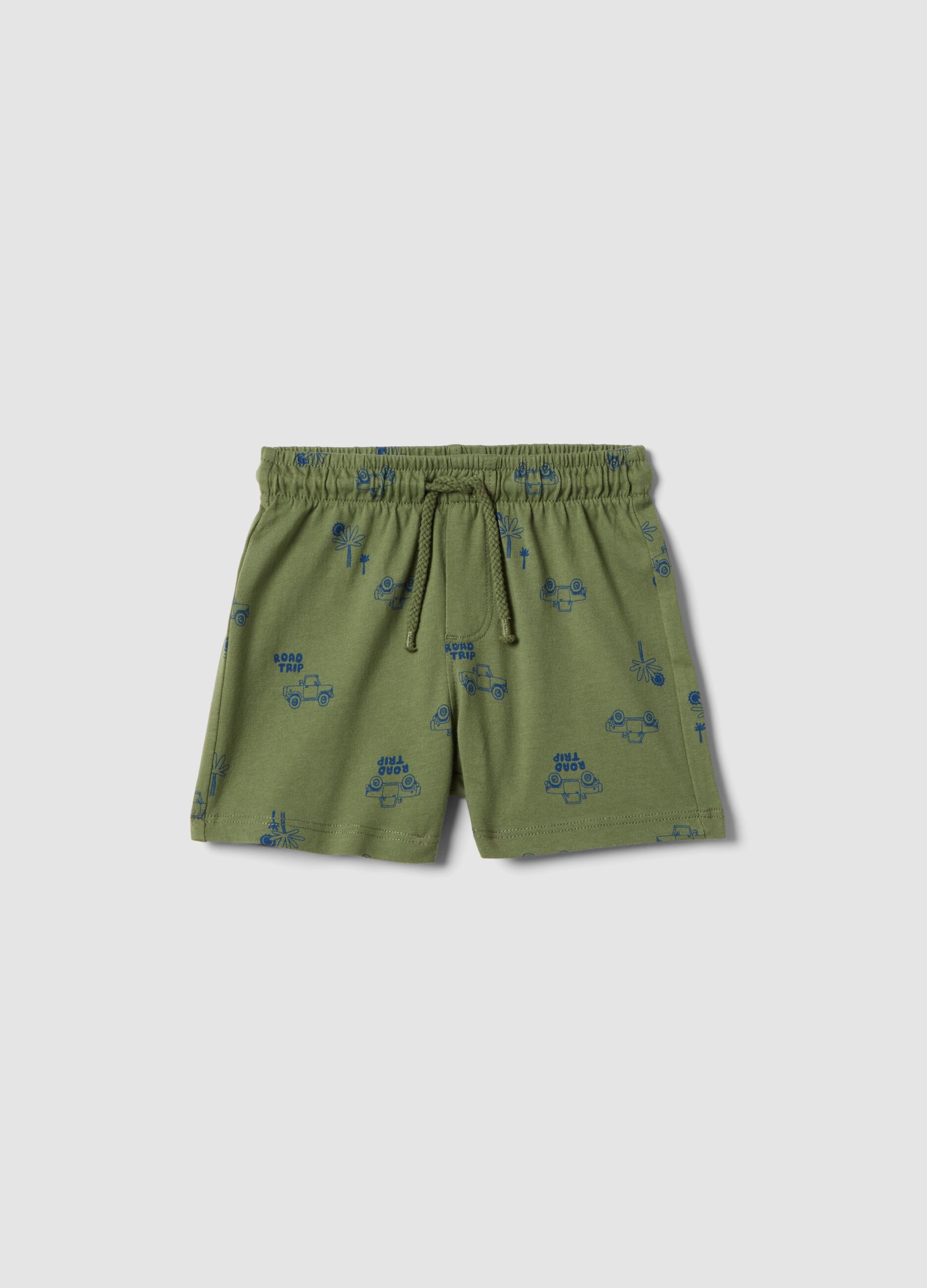 Green pure cotton shorts for children regular fit with prints