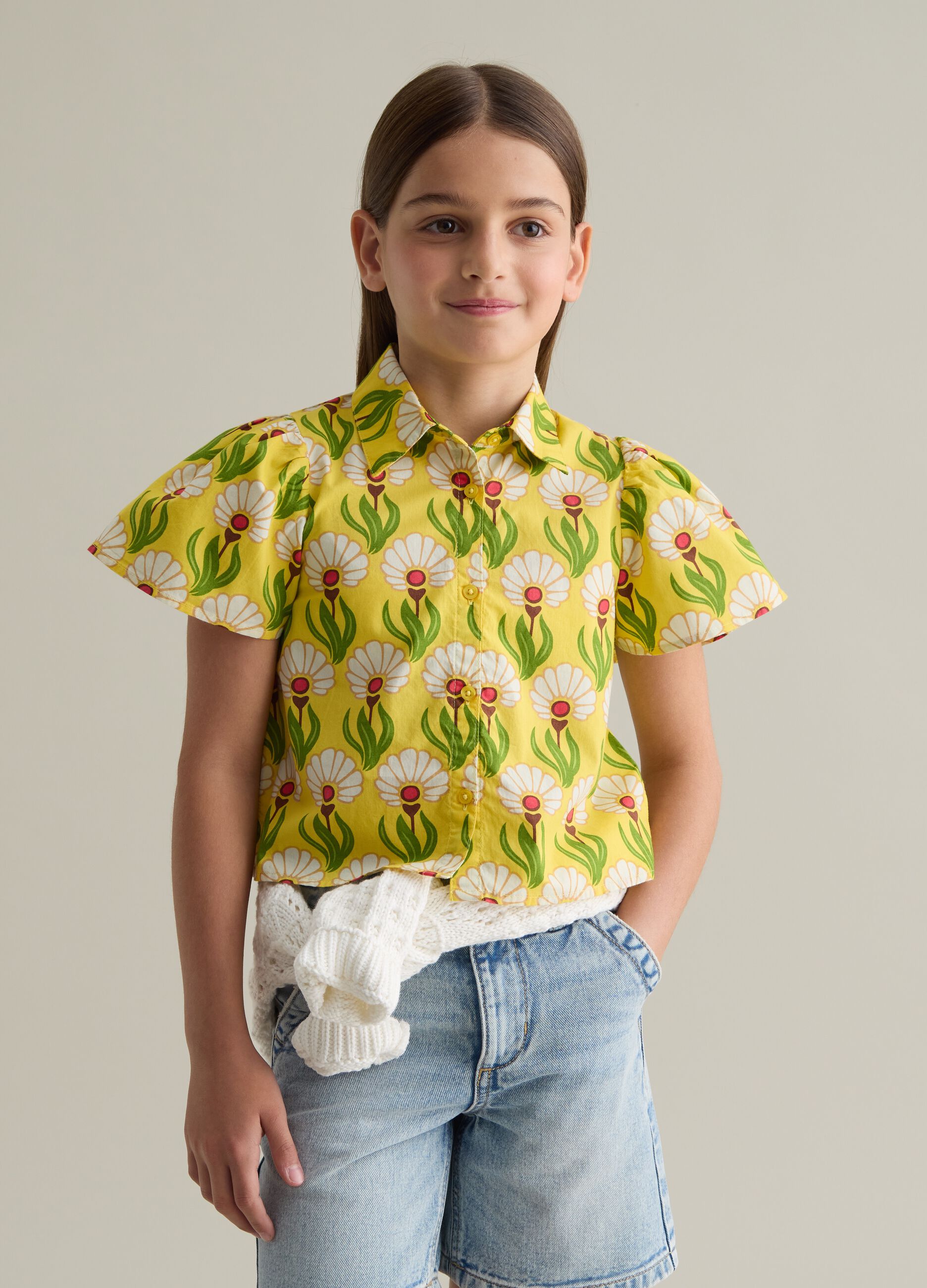 Girls' multicolour pure cotton regular fit shirt with floral print