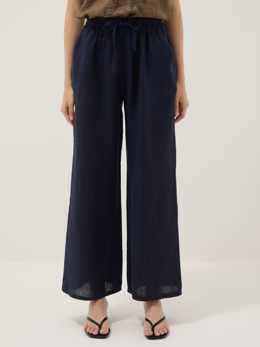 Pantaloni blu palazzo in puro lino_1