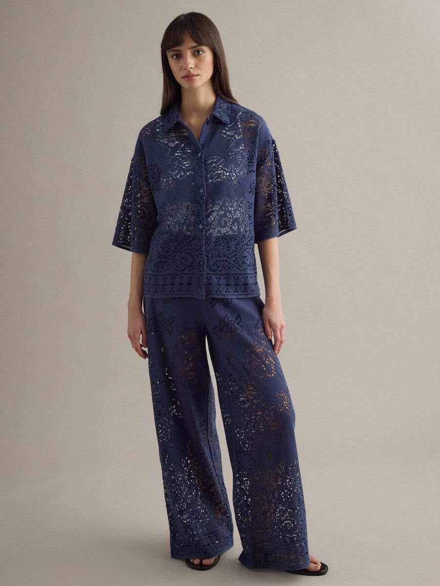 Blue cotton blend polo with regular fit and perforated texture_0