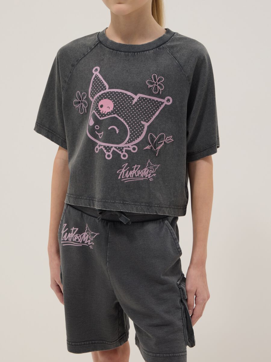 Grey cotton relaxed shirt and shorts set for girls featuring Kuromi_2