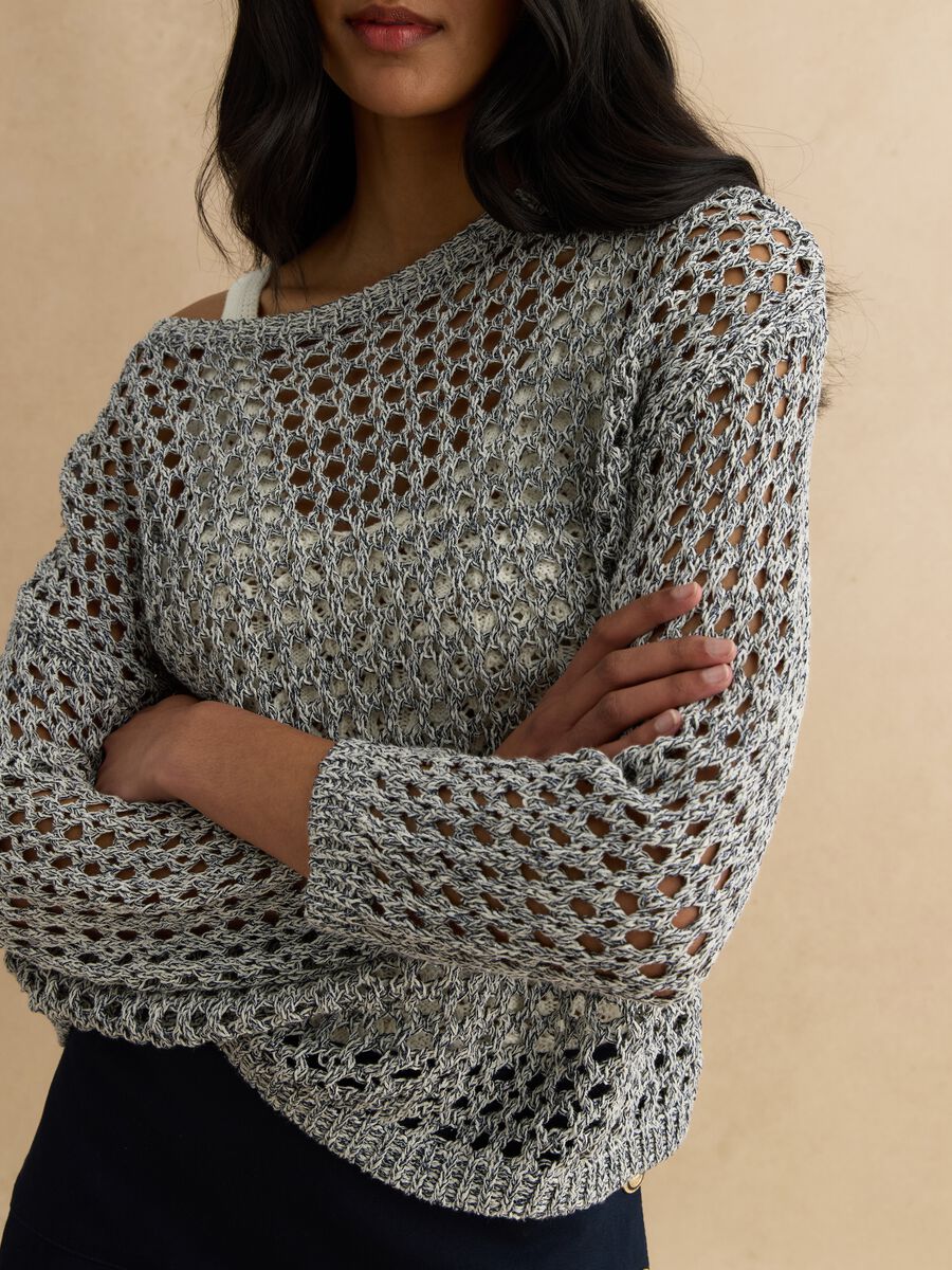 Maglione grigio in misto cotone con trama a rete_0