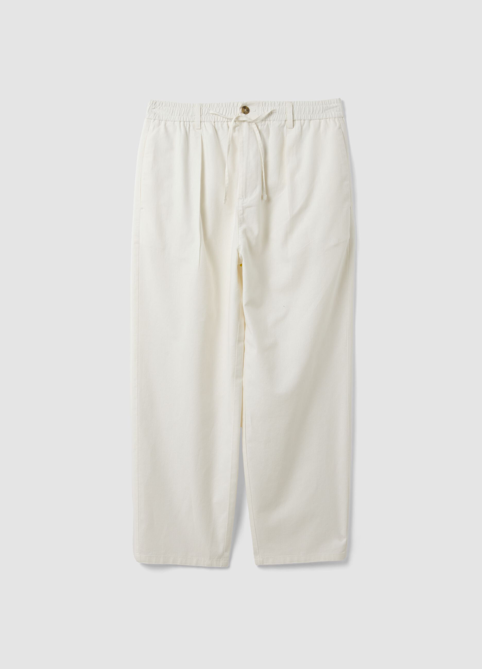 White linen-cotton blend trousers with elasticated waistband