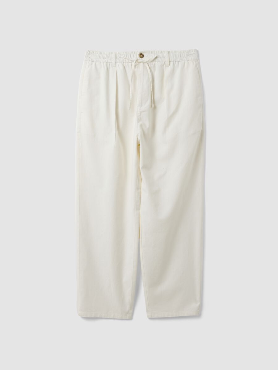 White linen-cotton blend trousers with elasticated waistband_0