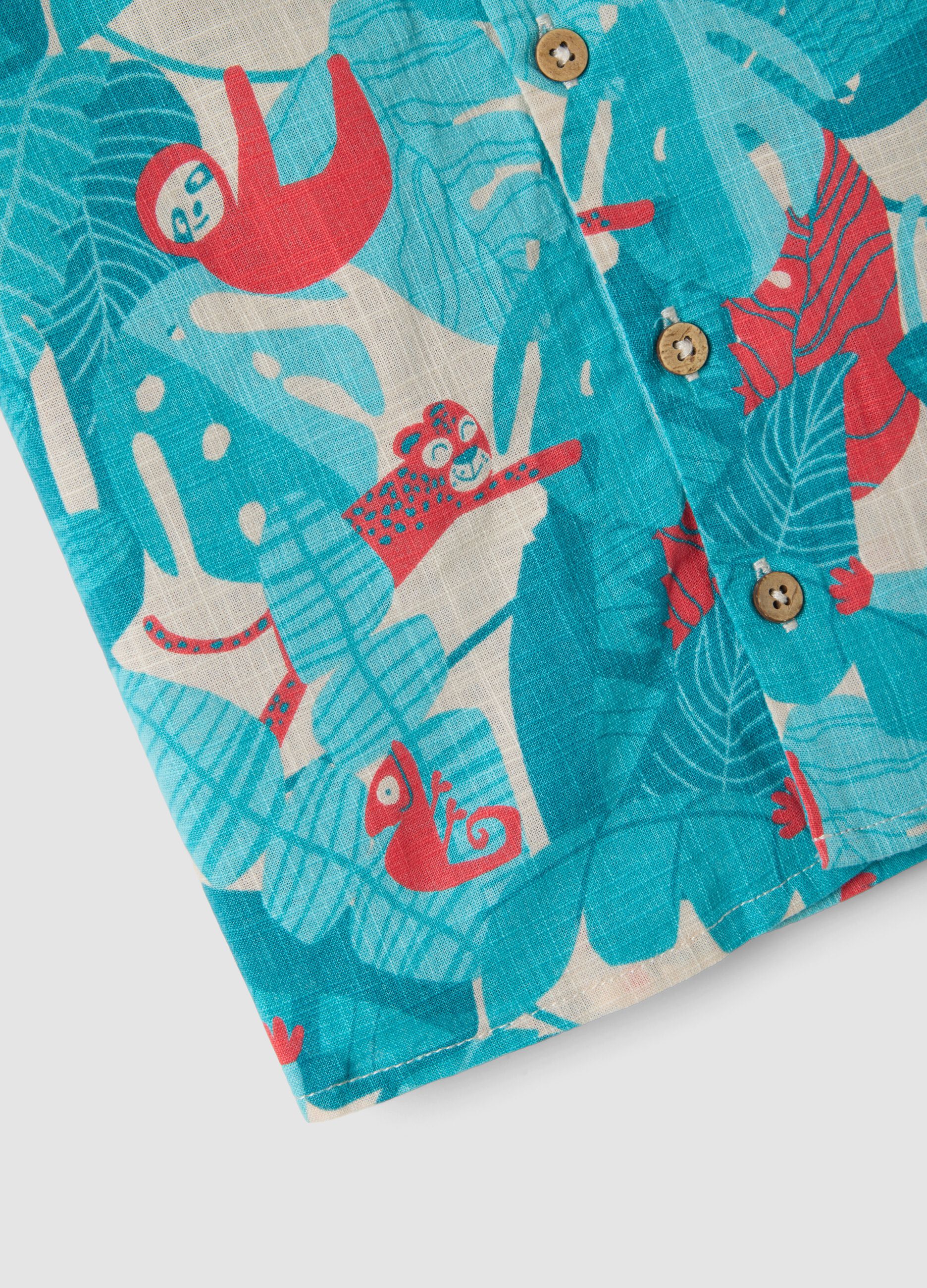 Blue pure cotton shirt with tropical print