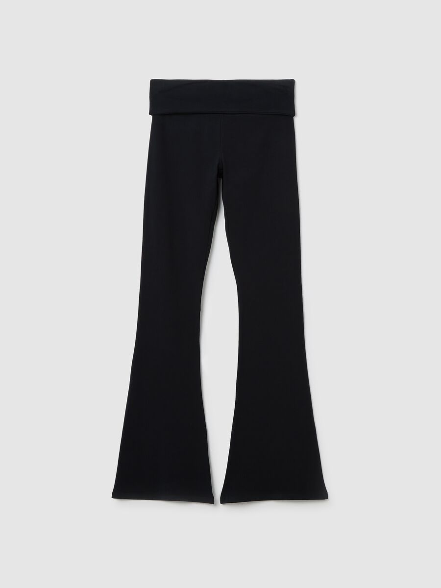 Black flare-fit leggings with striped fold at the waist_4