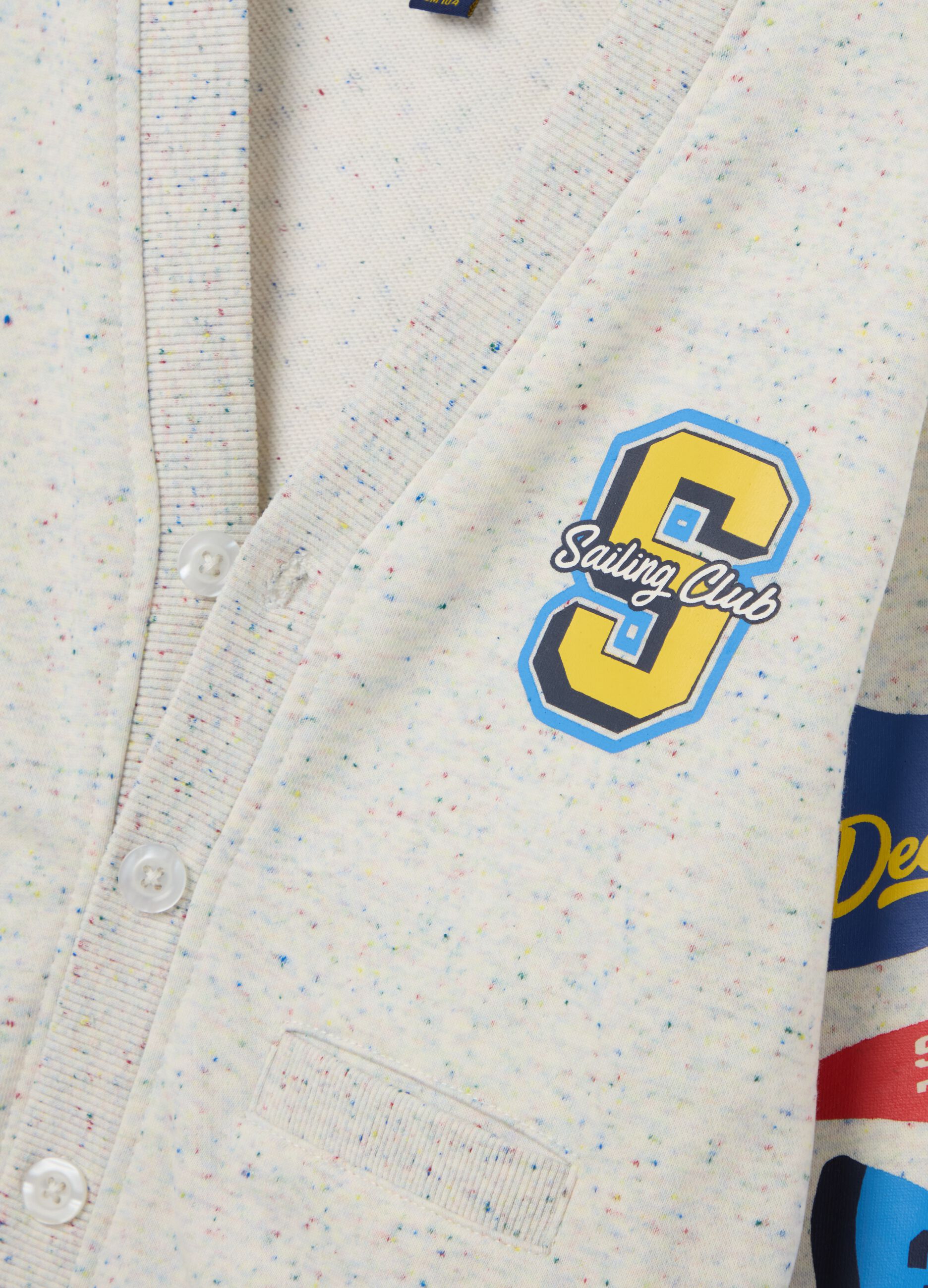 Terry jersey cardigan with V neck and print
