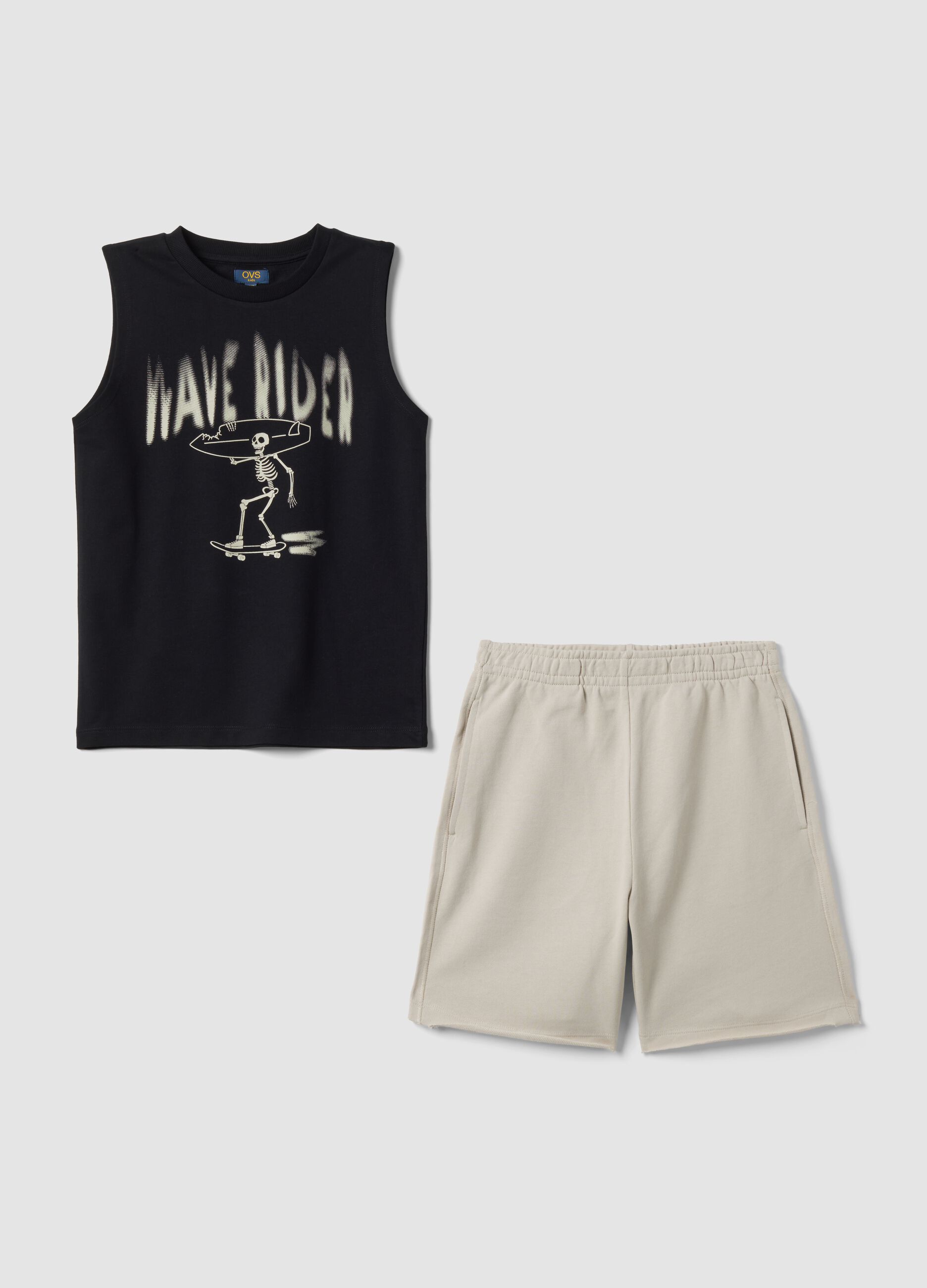 Blue and beige pure cotton set with vest and shorts