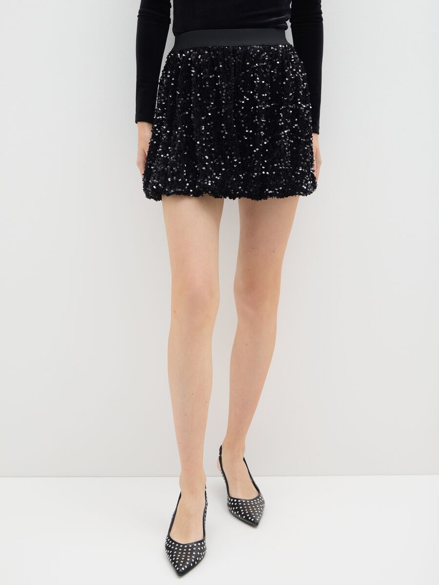 Minigonna baloon nera in misto velour regular fit con paillettes_1