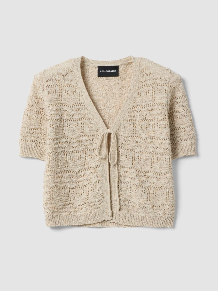 Cardigan beige in stile crochet di misto cotone e lino deep V regular fit_4