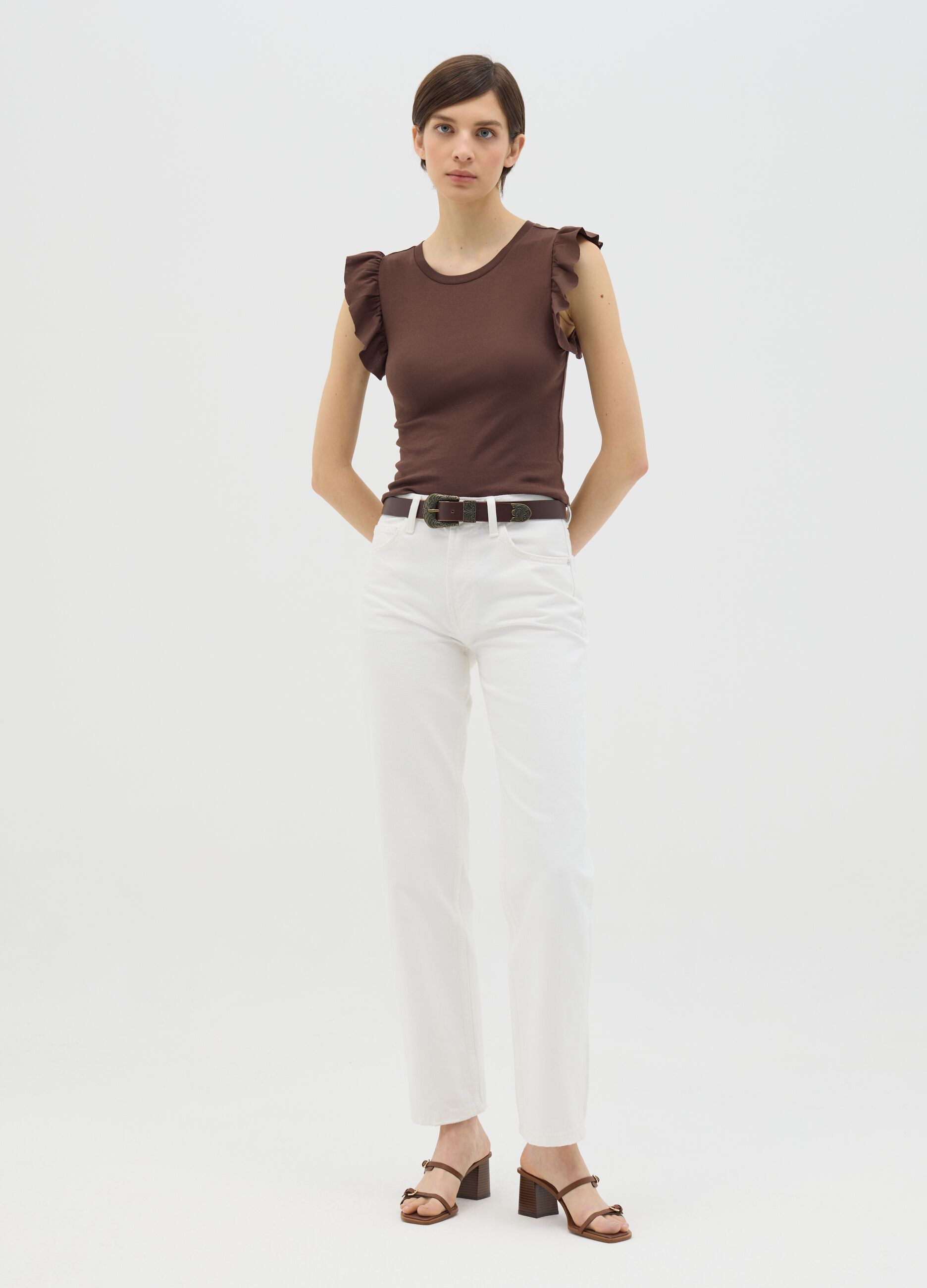 T-shirt da donna in puro cotone marrone regular fit con ruches