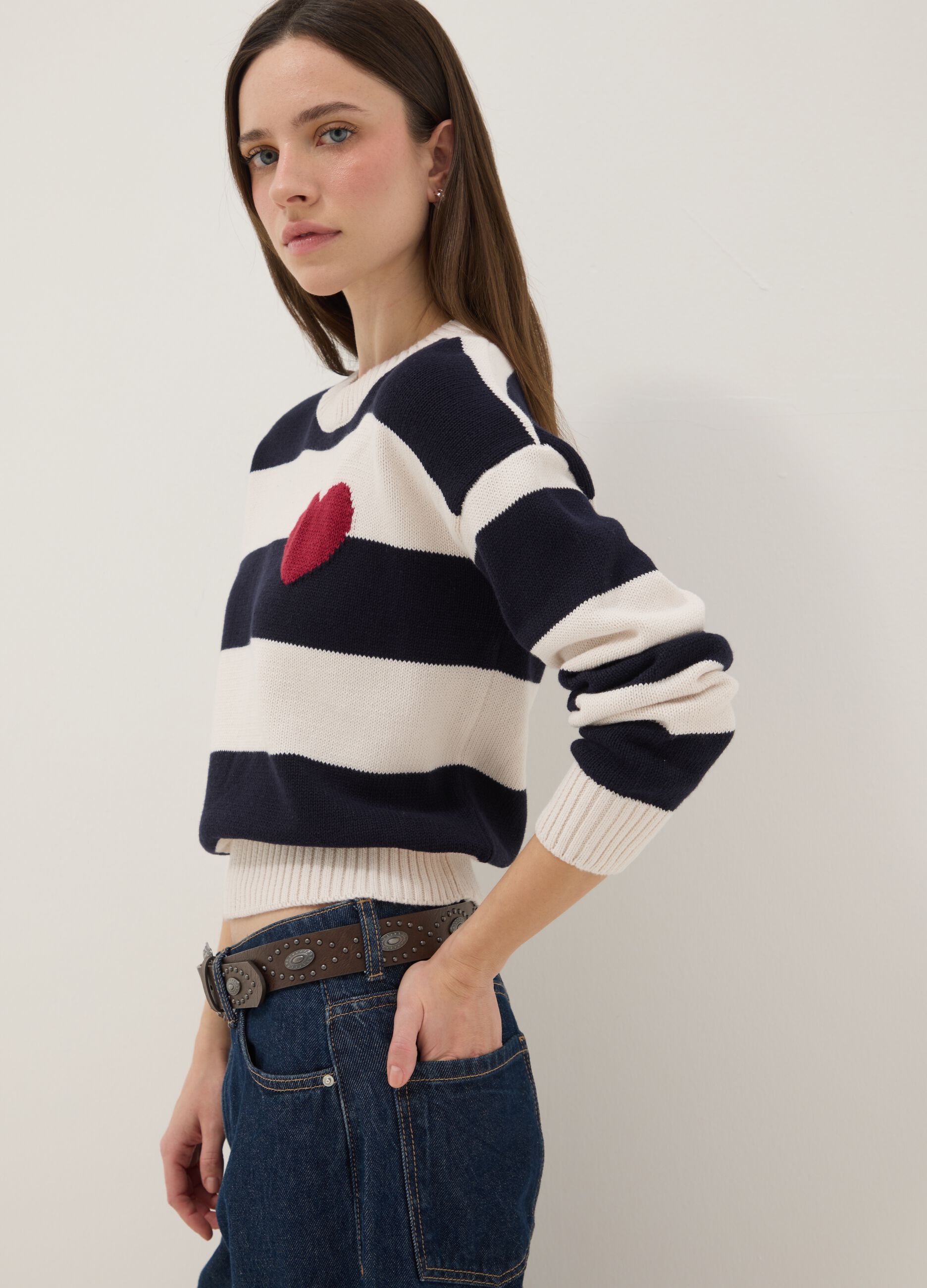 Regular fit multicolour striped cotton blend jumper with heart