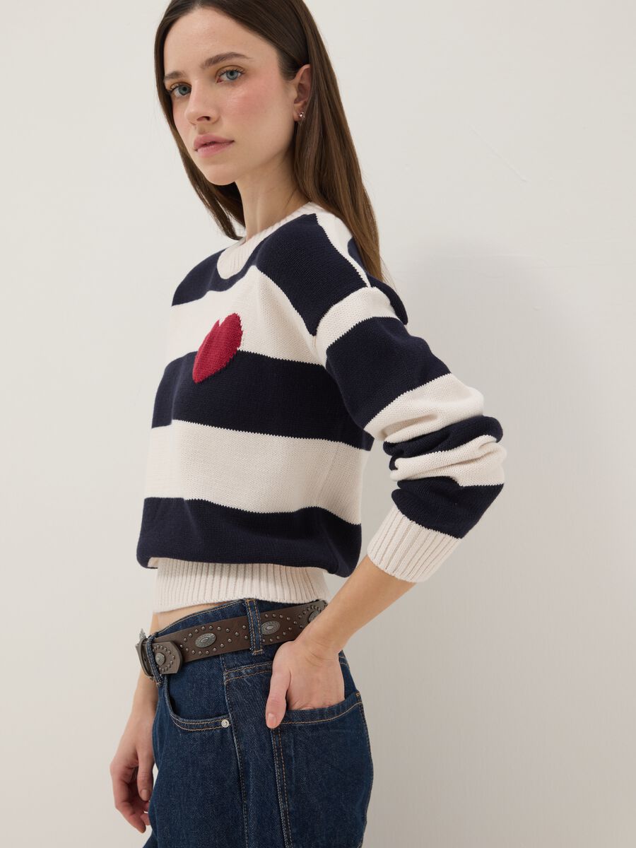 Regular fit multicolour striped cotton blend jumper with heart_0