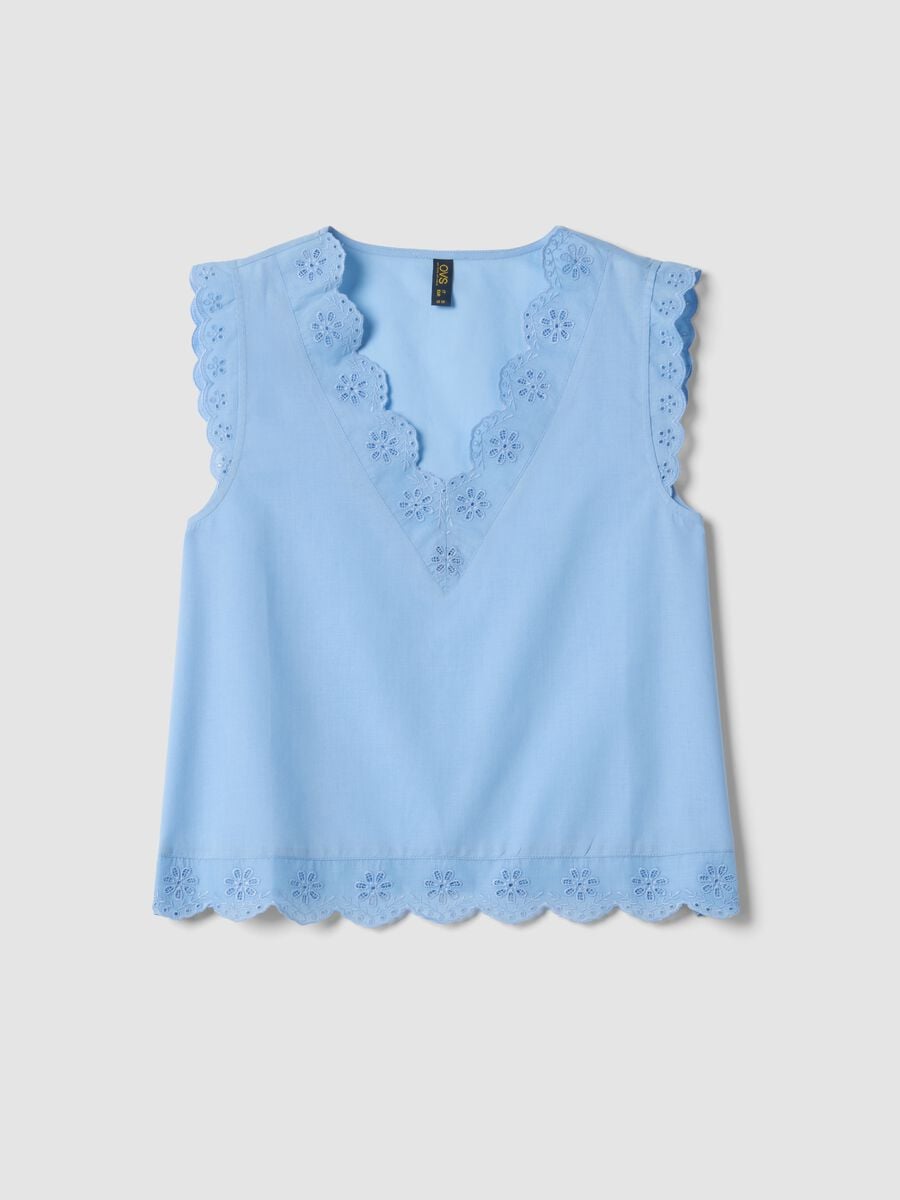 Sleeveless sky-blue pure cotton V-neck top, regular fit_4