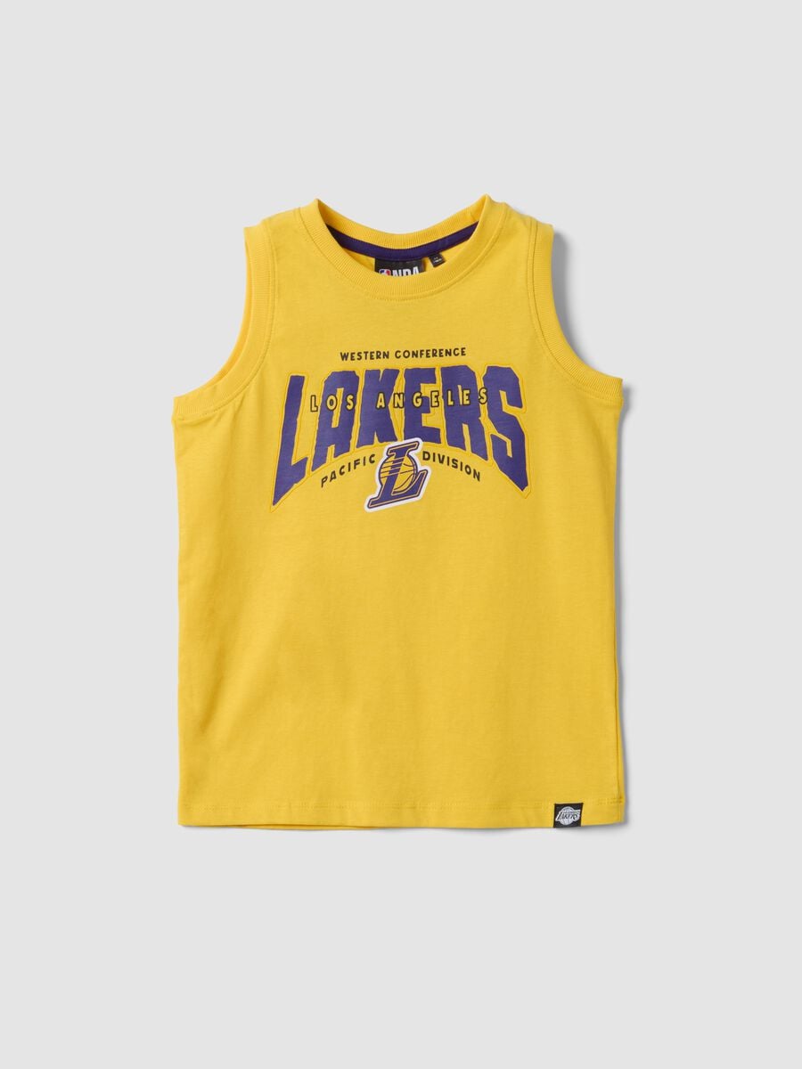 Canotta gialla in puro cotone con stampa sportiva Over fit_0