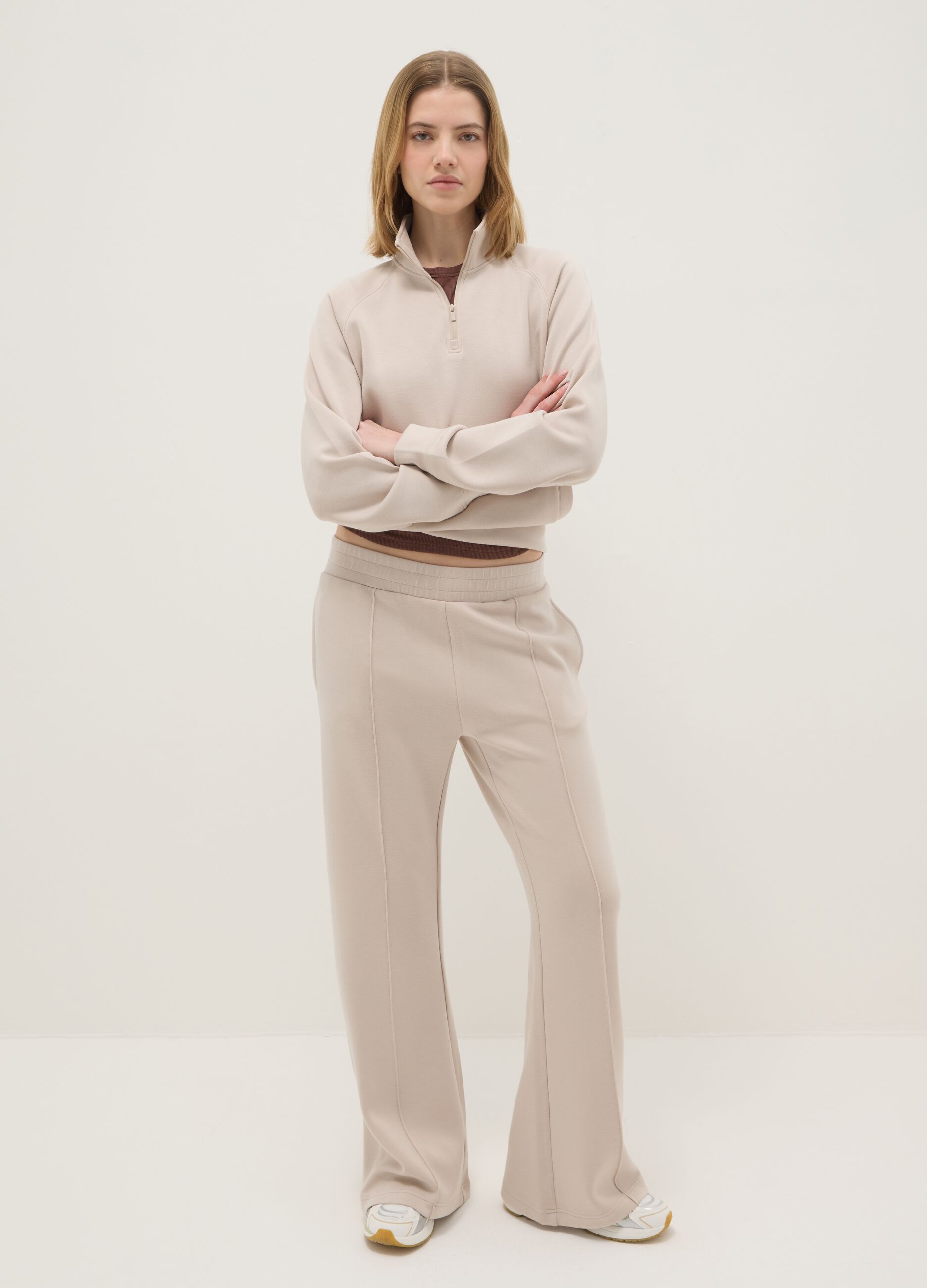 Beige wide leg trousers in stretch modal blend