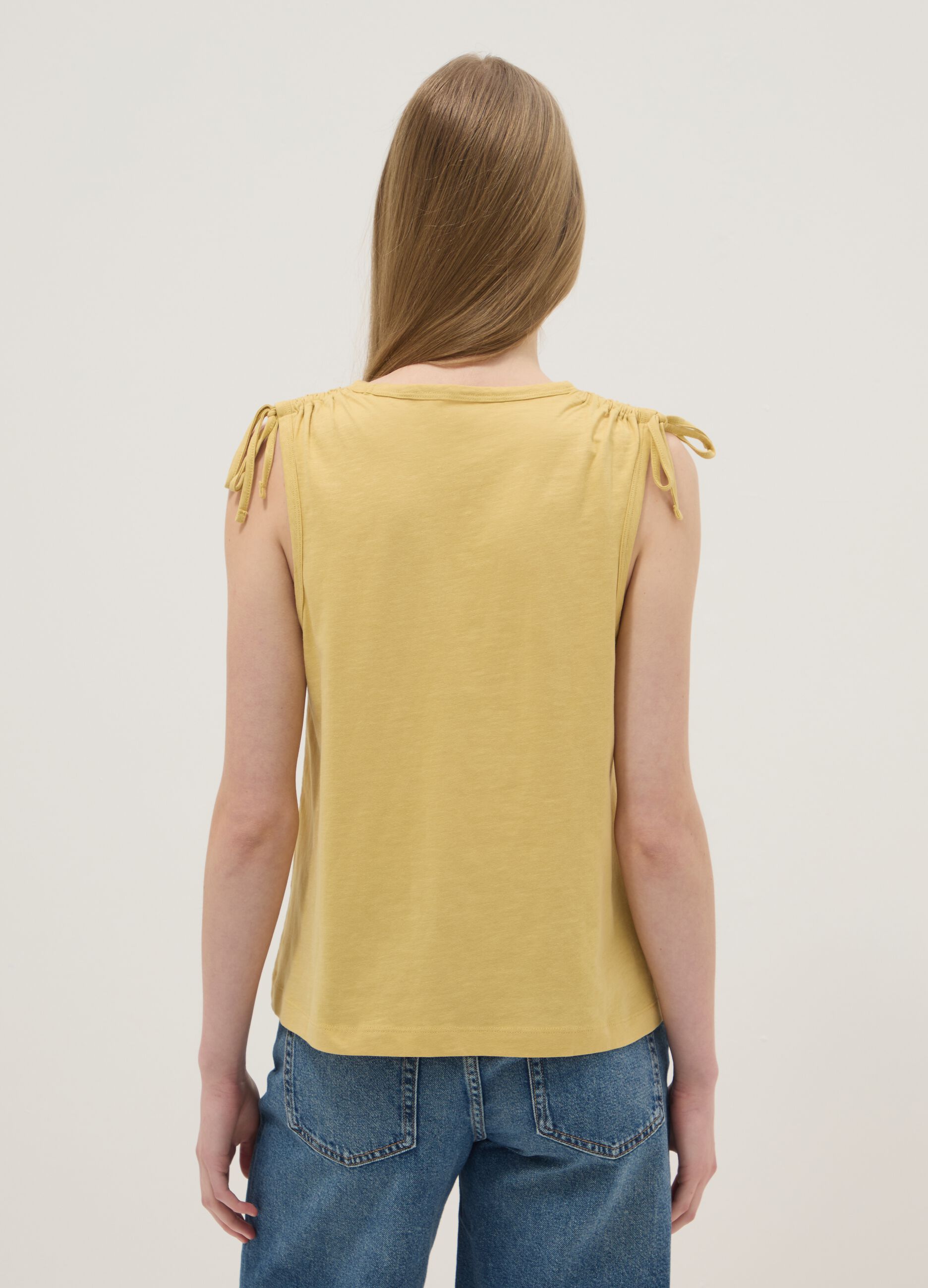 Yellow pure cotton tank top with shoulder ties