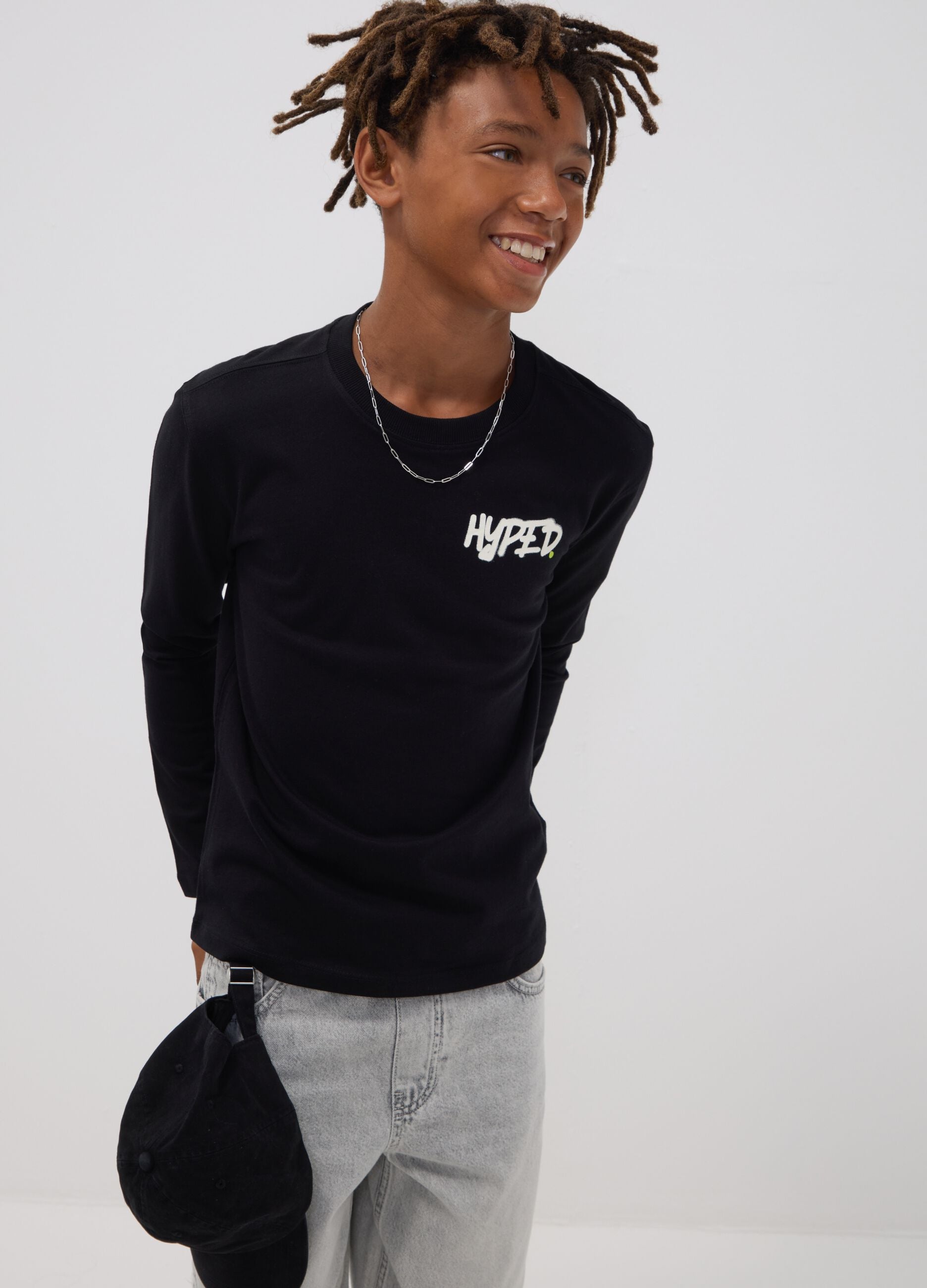 Black organic cotton T-shirt with &ldquo;Hyped&rdquo; print for boys