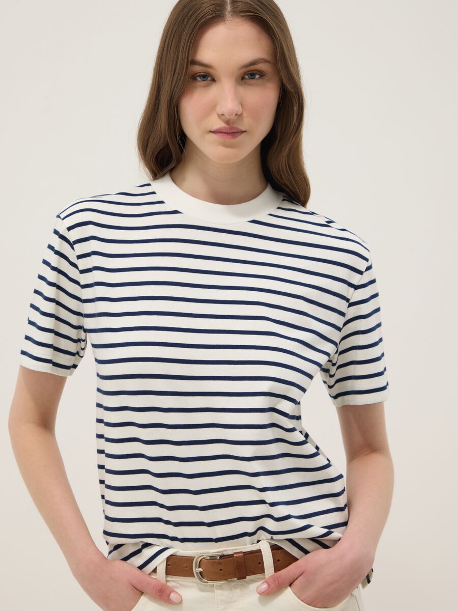 T-shirt blu in puro cotone a righe_1