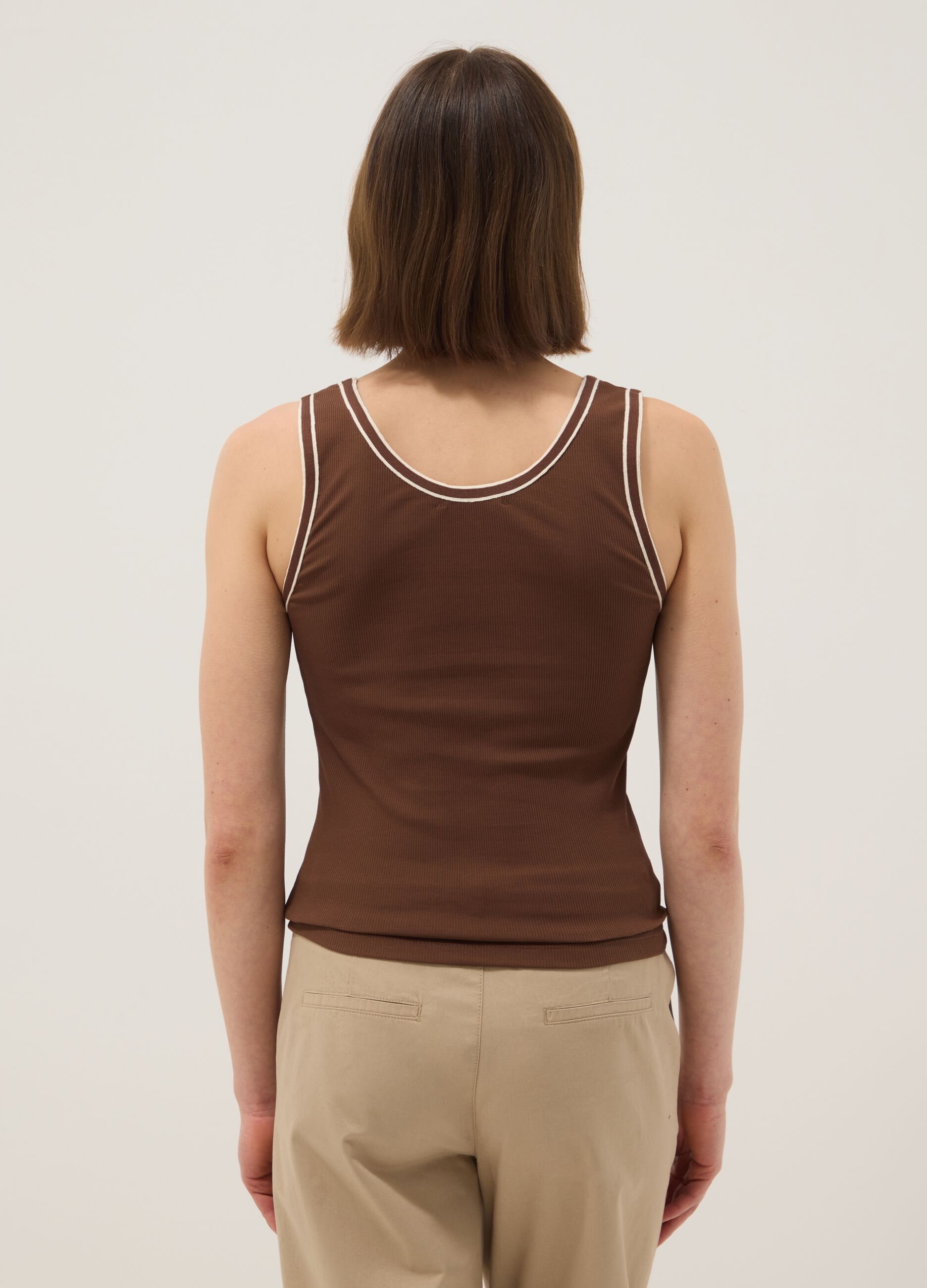 Brown regular-fit stretch cotton tank top with trim