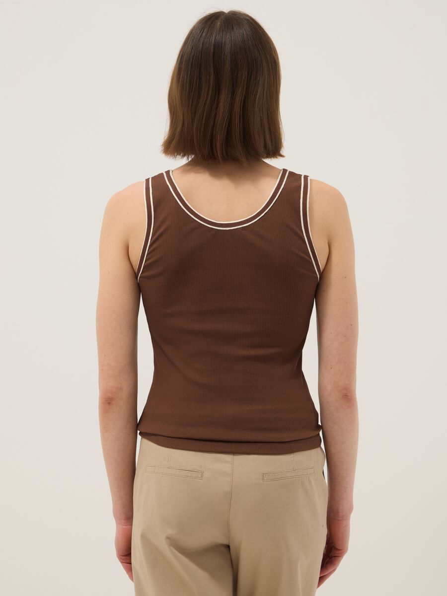 Brown regular-fit stretch cotton tank top with trim_2