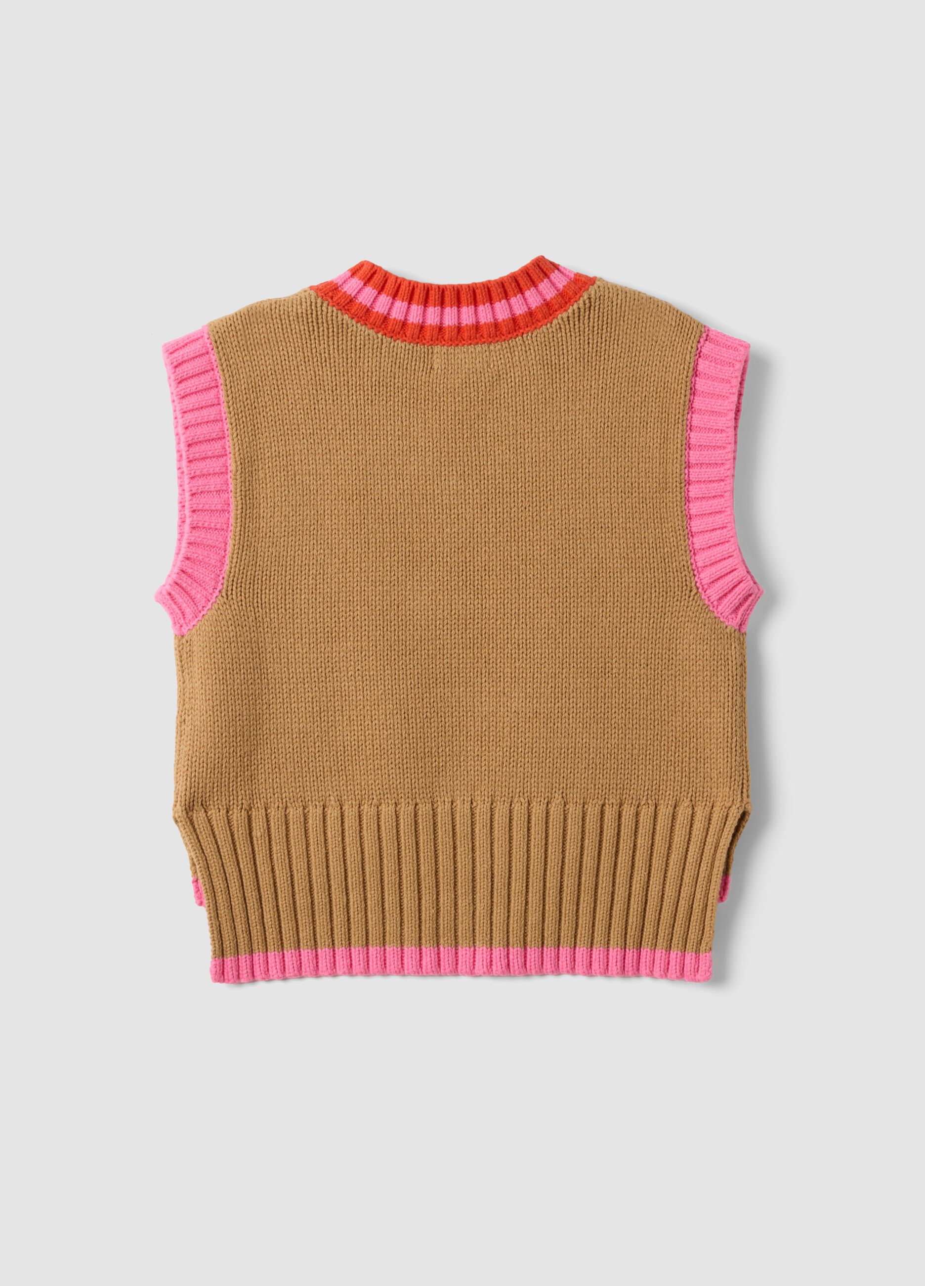 Gilet marrone in misto cotone con scollo a V e profilo a contrasto per bambina