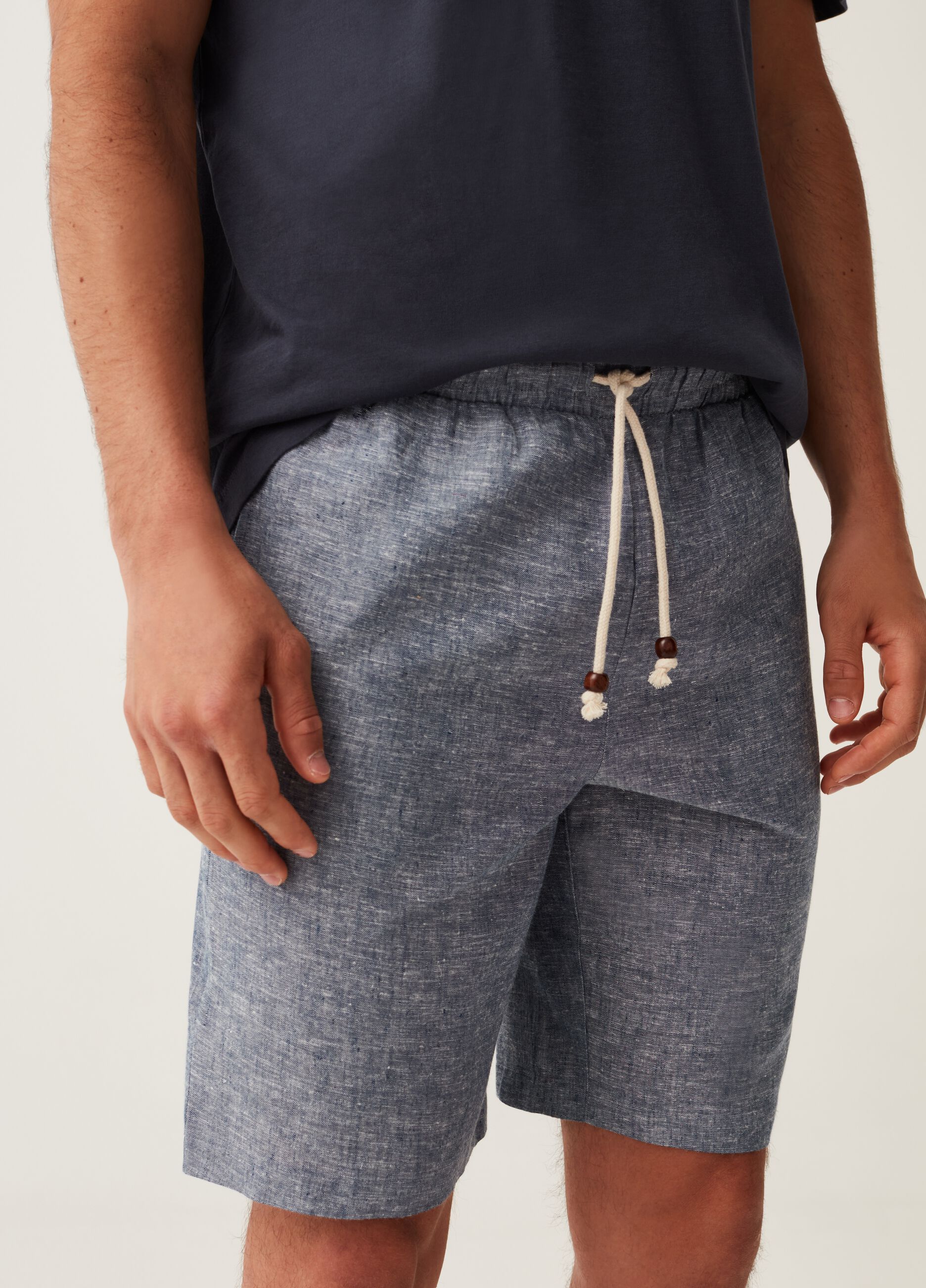Pantalone pigiama corto in lino e cotone_1
