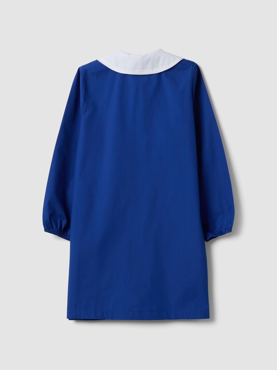 Blue girls&rsquo; school apron with rhinestone details and floral embroidery_1