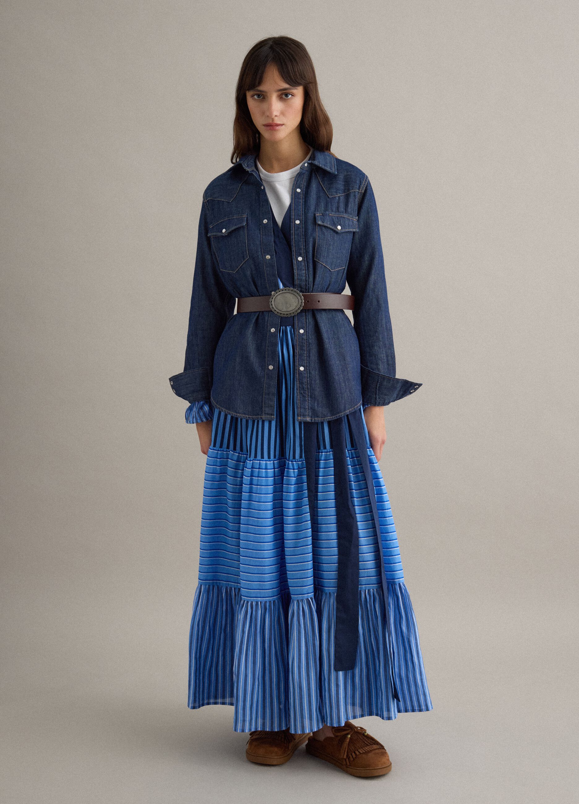 Multicolour striped pure cotton dress with regular fit and V-neck