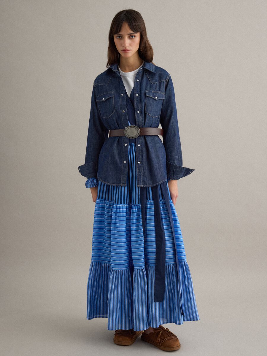 Vestito in puro cotone a righe multicolor regular fit con scollo a V_2