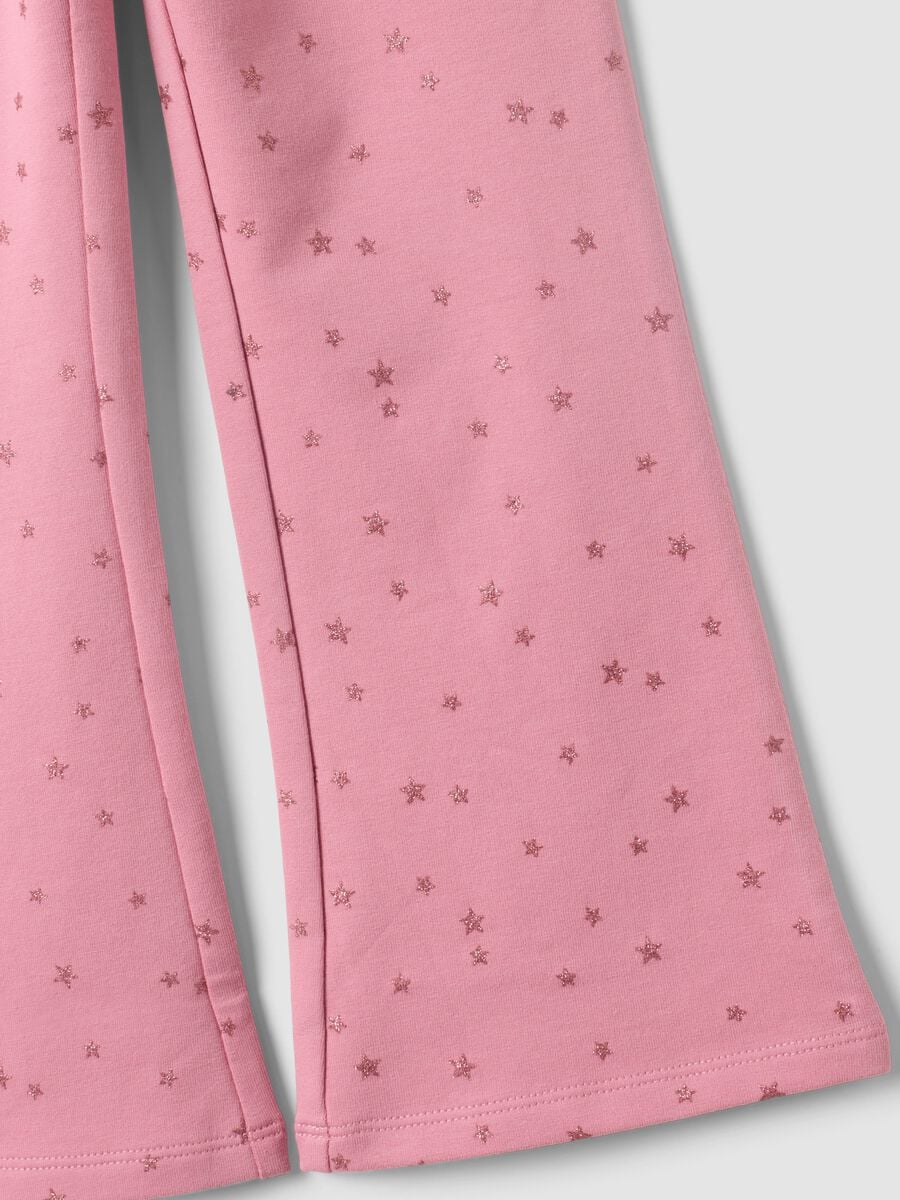 Pink flared stretch cotton trousers with star print for girls_3