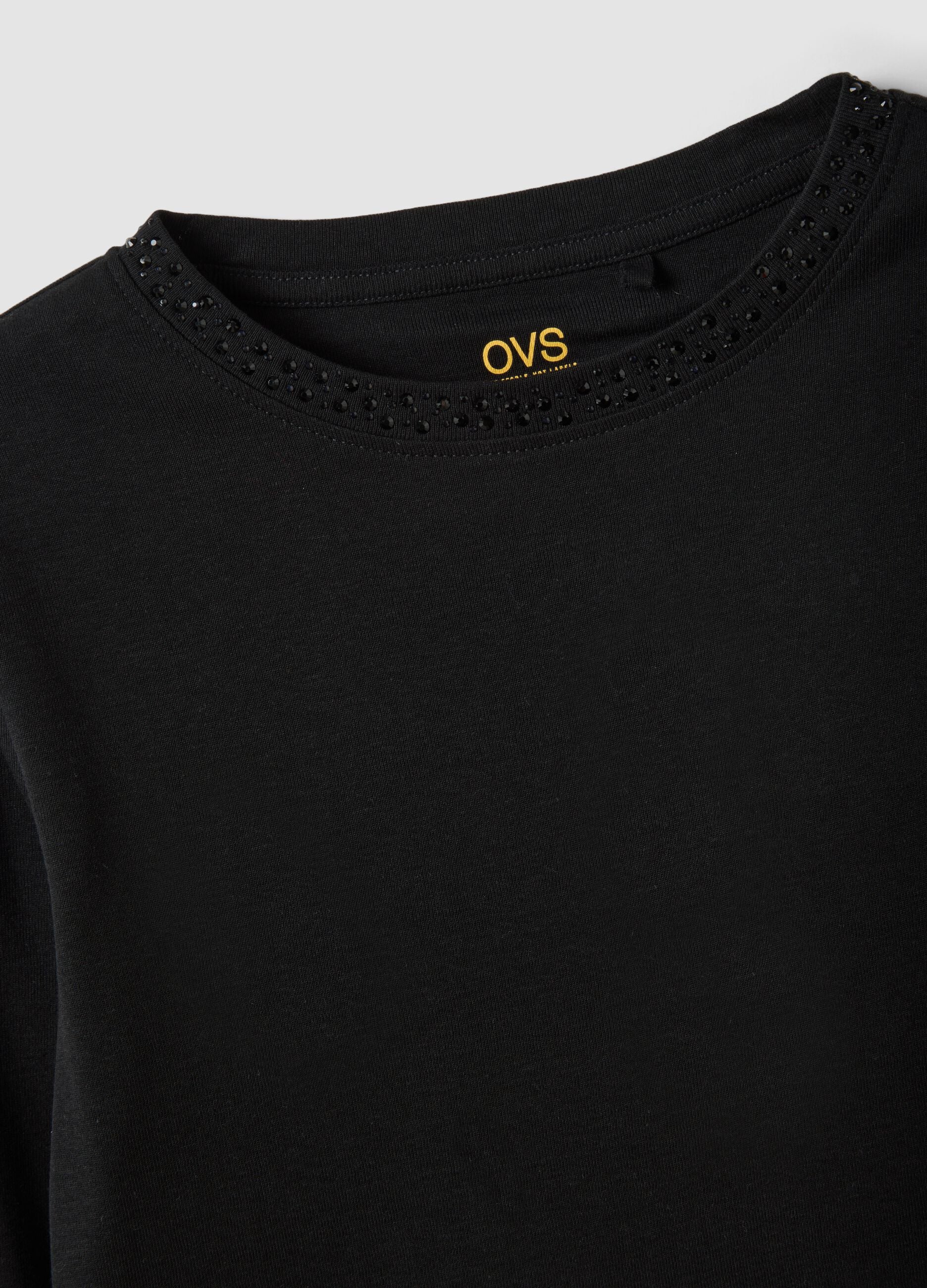 Black pure cotton T-shirt with rhinestone detail