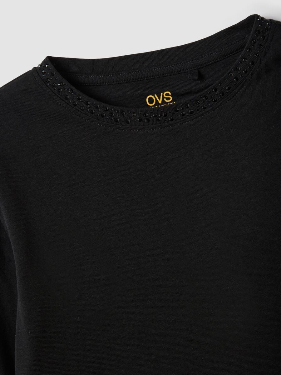 T-shirt nera in puro cotone con strass_2