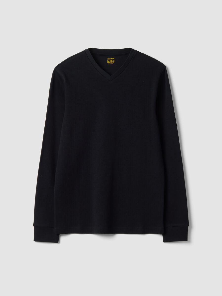 T-shirt nera in puro cotone con scollo a V regular fit_0