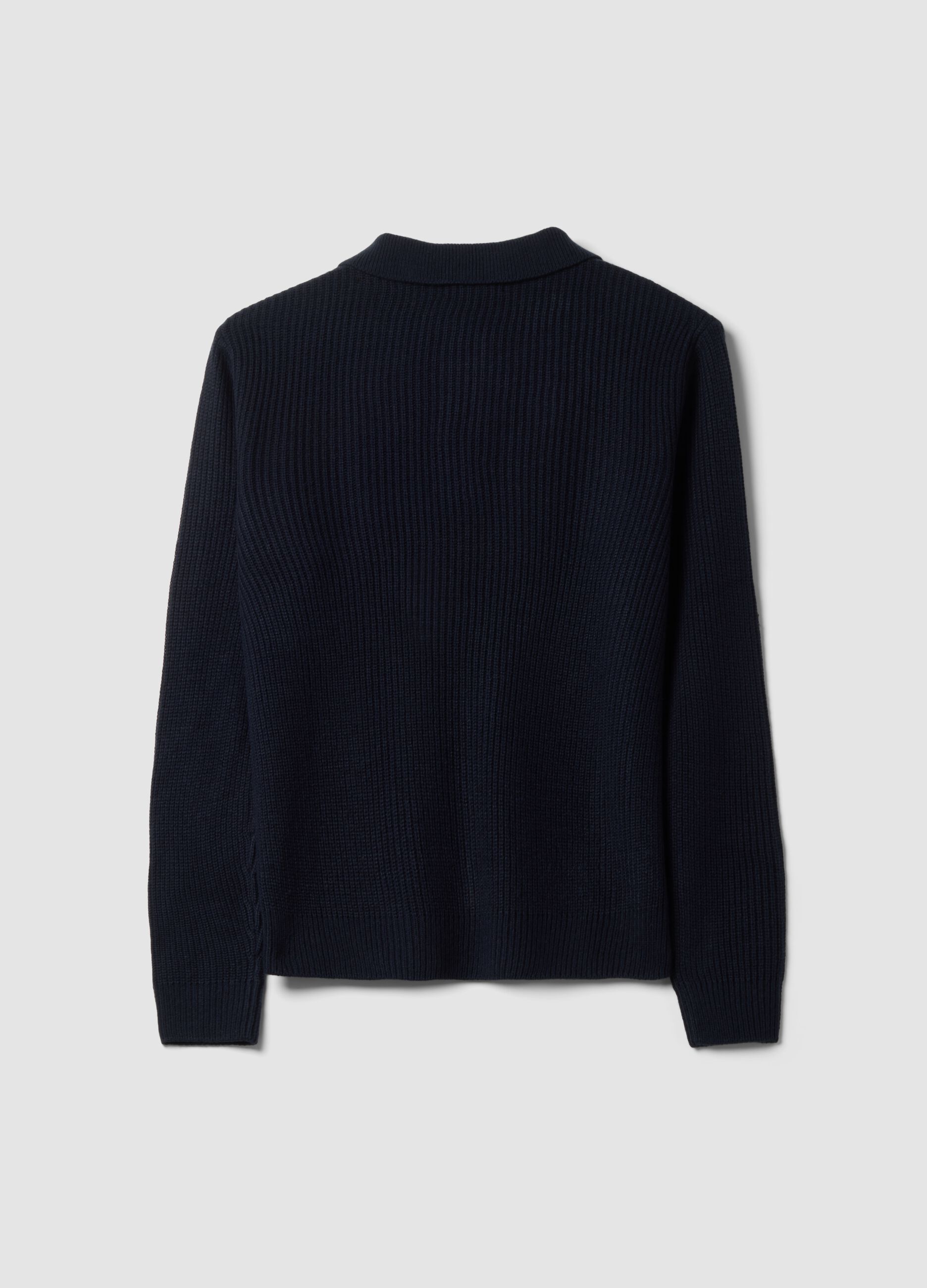 Blue rib-knit long-sleeve polo shirt