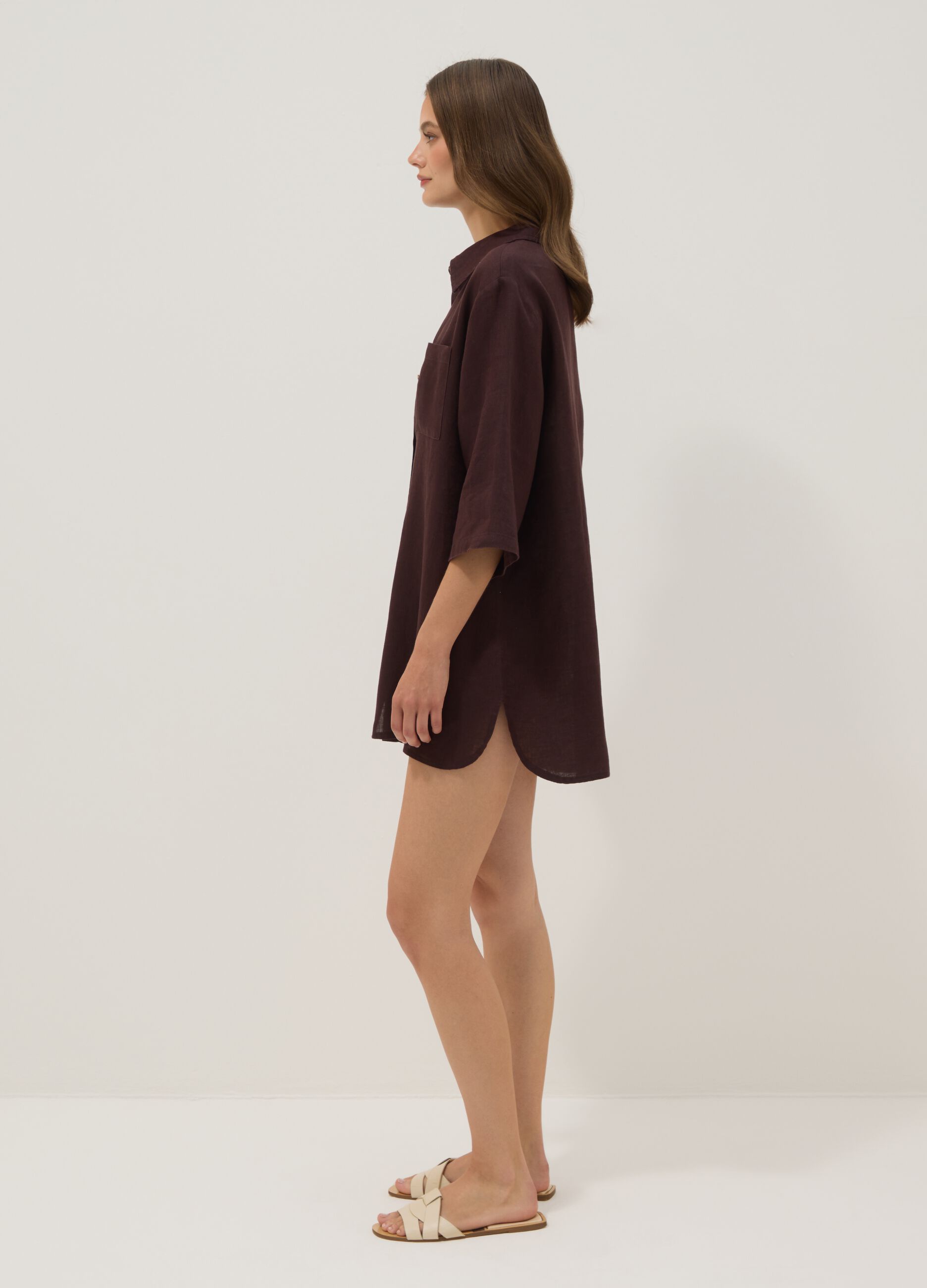 Brown pure linen beach cover-up